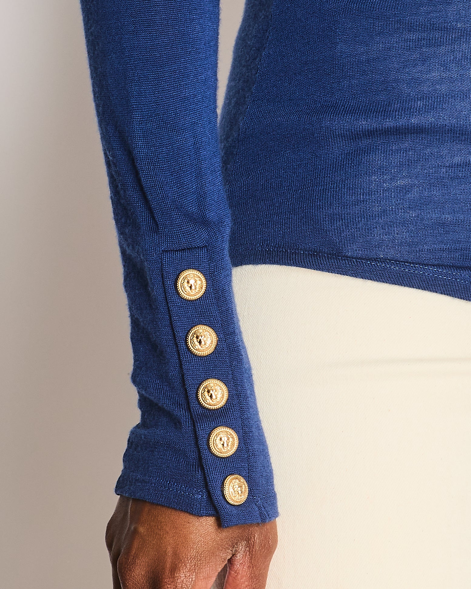 Balmain Blue Wool Long-Sleeved Top with Gold Lion Buttons Detail Size FR 36 (UK 8) - Image 4