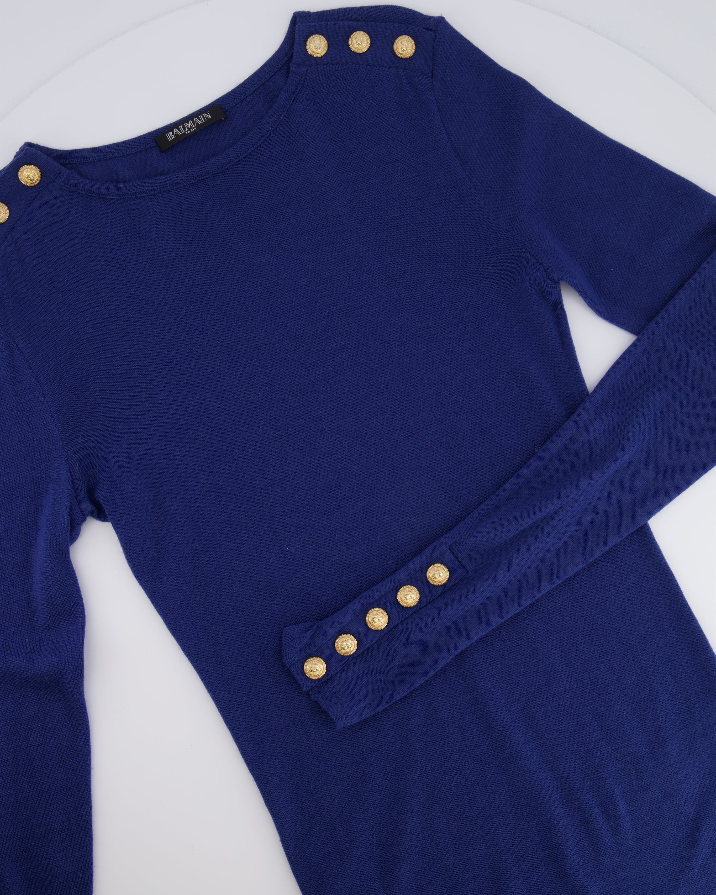 Balmain Blue Wool Long-Sleeved Top with Gold Lion Buttons Detail Size FR 36 (UK 8) - Image 5