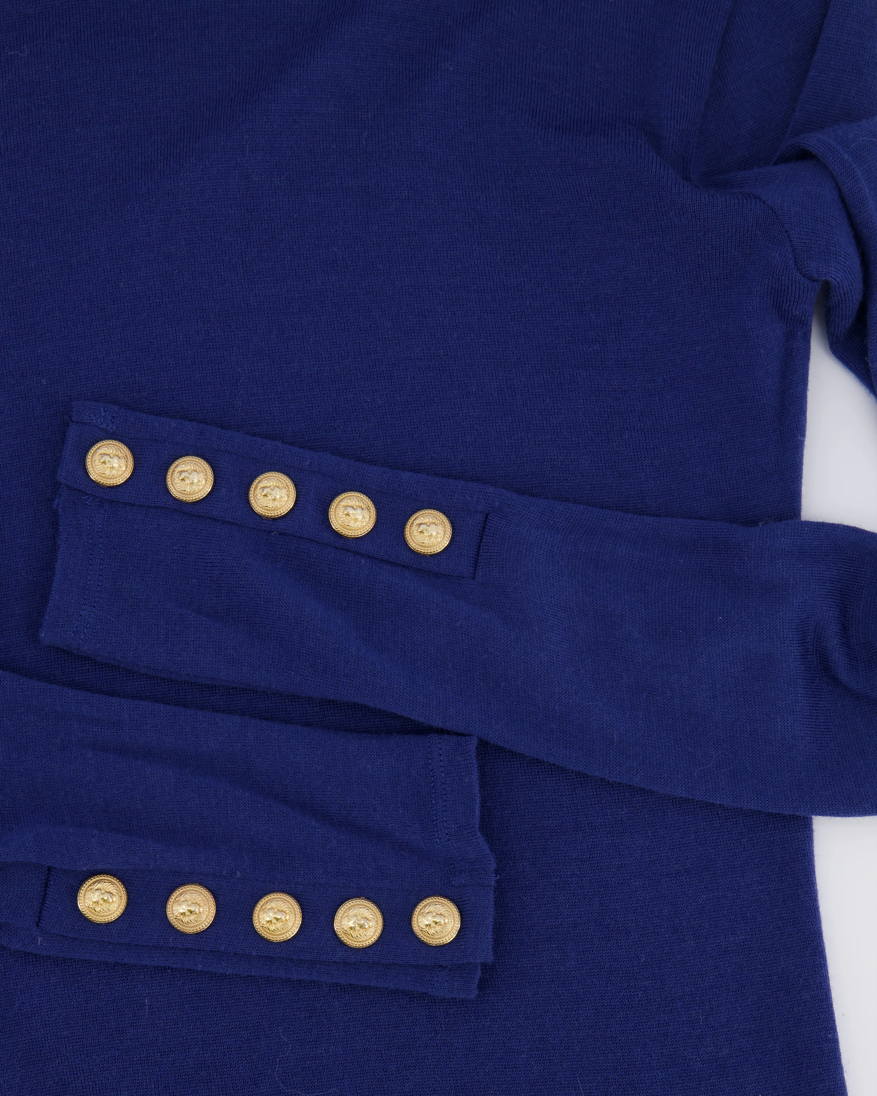 Balmain Blue Wool Long-Sleeved Top with Gold Lion Buttons Detail Size FR 36 (UK 8) - Image 6