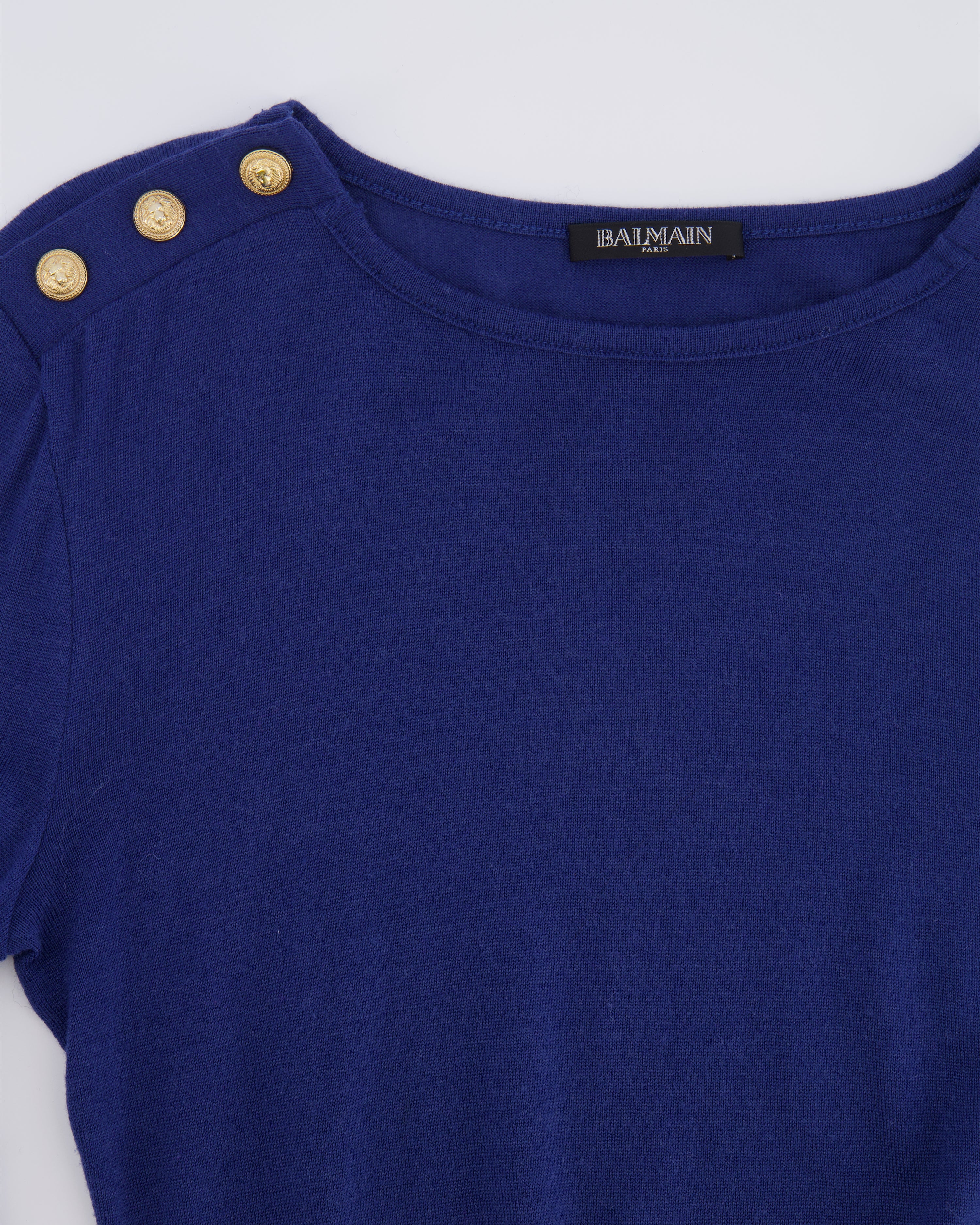 Balmain Blue Wool Long-Sleeved Top with Gold Lion Buttons Detail Size FR 36 (UK 8) - Image 7