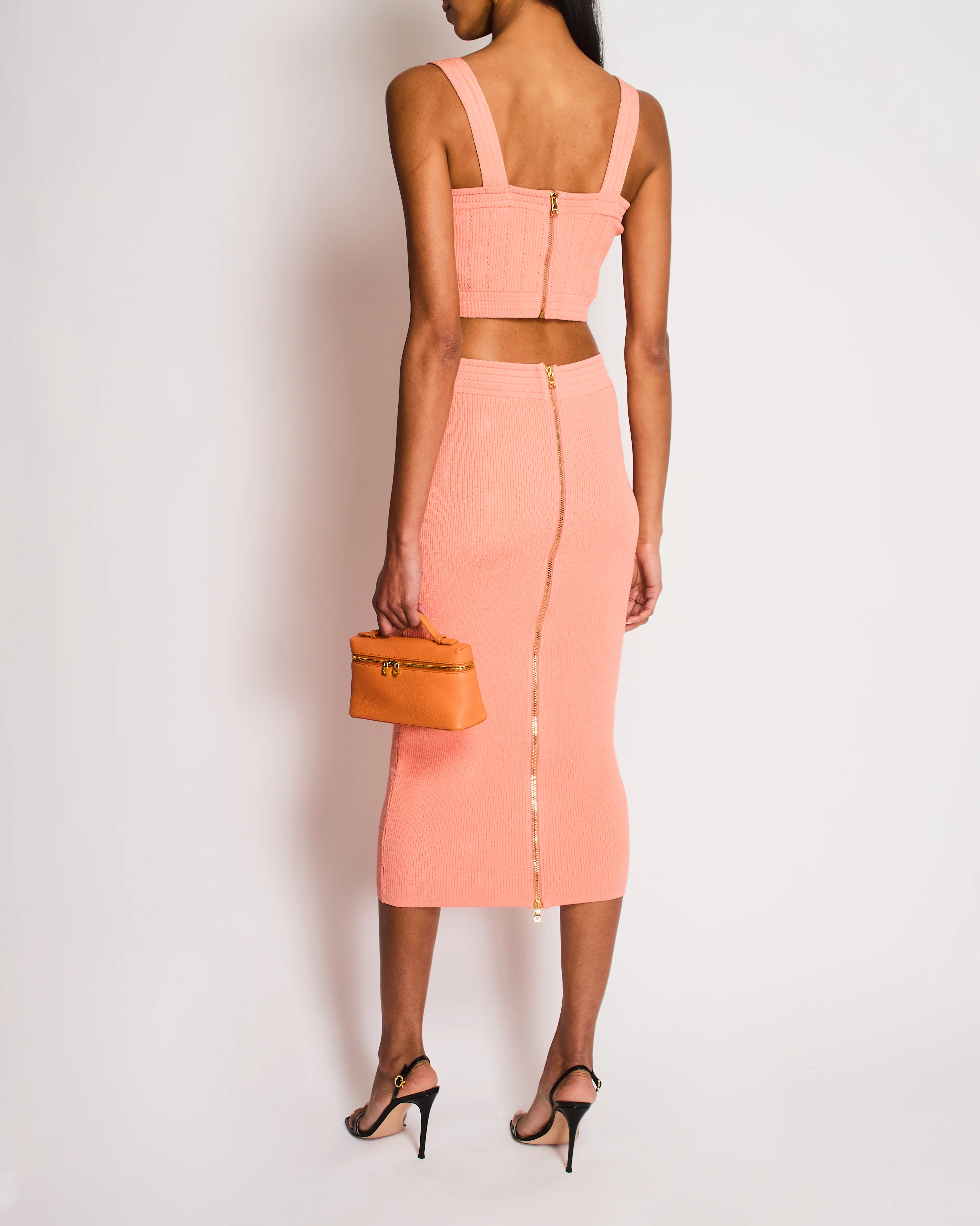 Balmain Coral Ribbed Top with Matching Pencil Skirt Size FR 38 (UK 10) - Image 7
