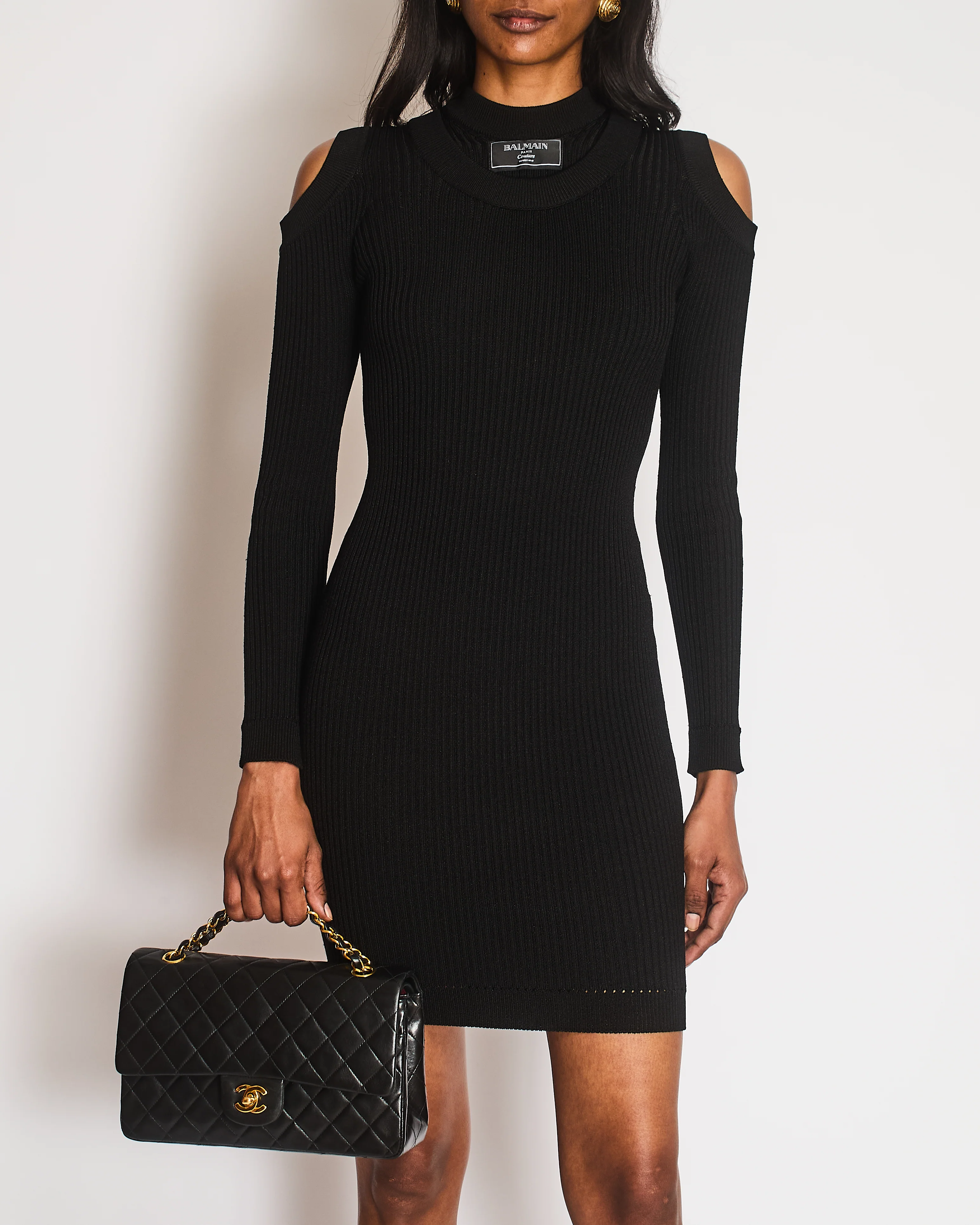 Balmain Couture Black Ribbed Long Sleeve Midi Dress with Shoulder Cut Out Detail Size FR 34 (UK 6) - Image 2