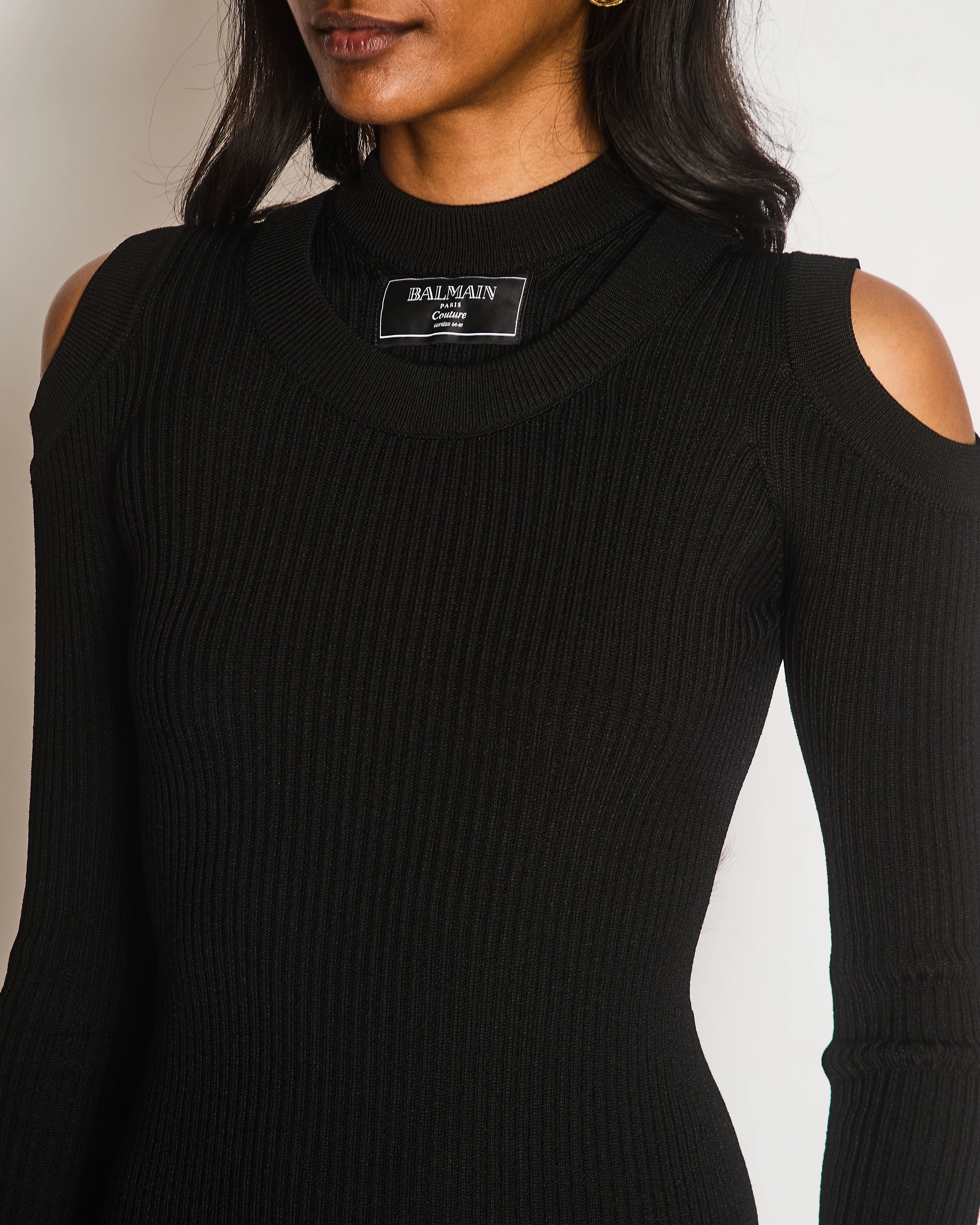 Balmain Couture Black Ribbed Long Sleeve Midi Dress with Shoulder Cut Out Detail Size FR 34 (UK 6) - Image 3