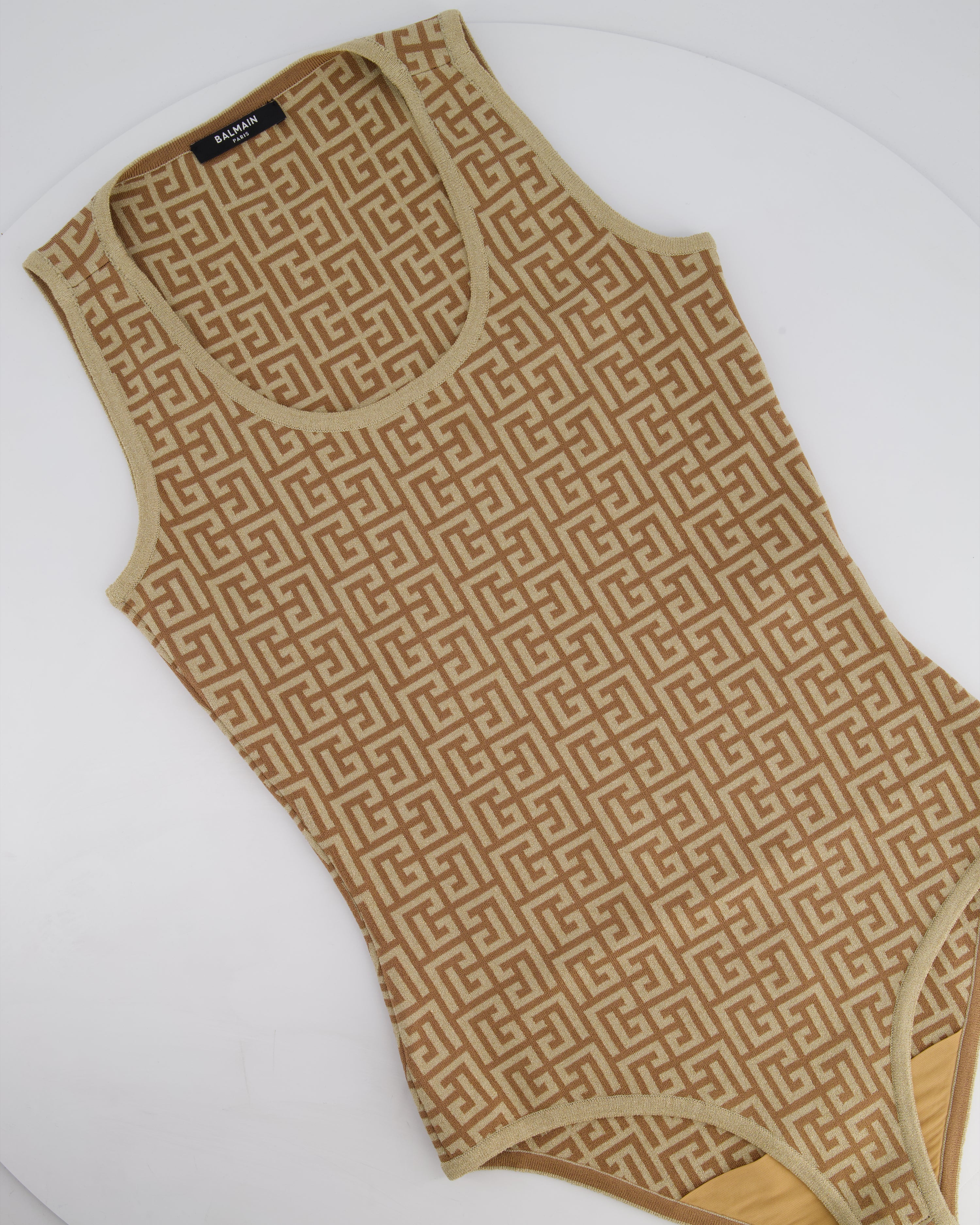 Balmain Gold Metallic Logo Print Bodysuit Size FR 36 (UK 8) - Image 8