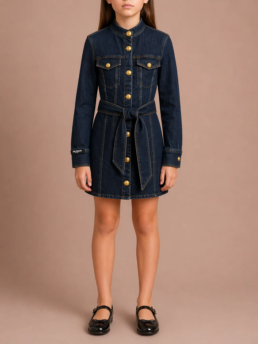 Balmain Kids Dark Blue Denim Dress with Belt and Gold Buttons Size 8 years RRP £550