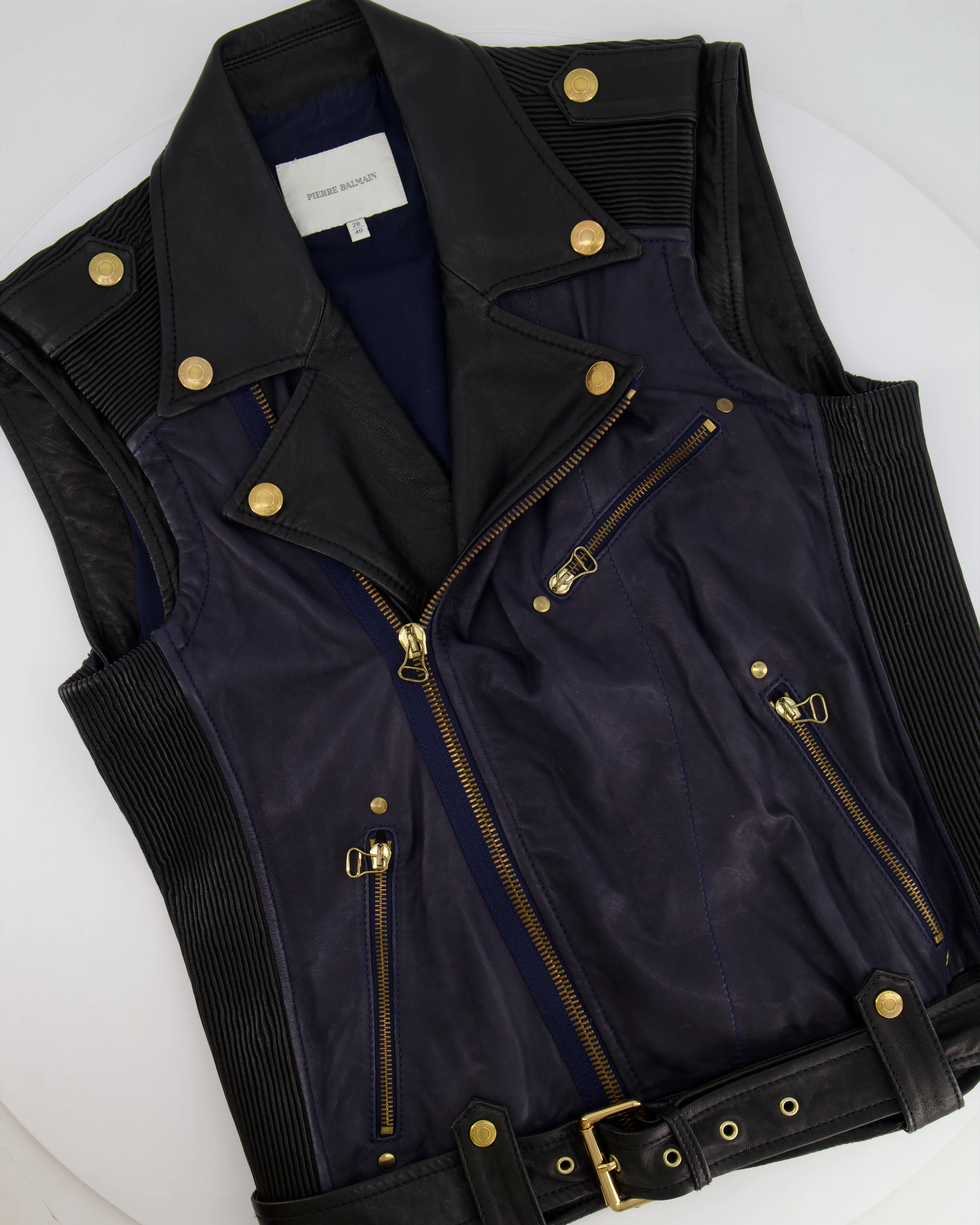 Balmain Navy and Black Sleeveless Leather Jacket with Gold Button Details Size FR 40 (UK 12) - Image 5