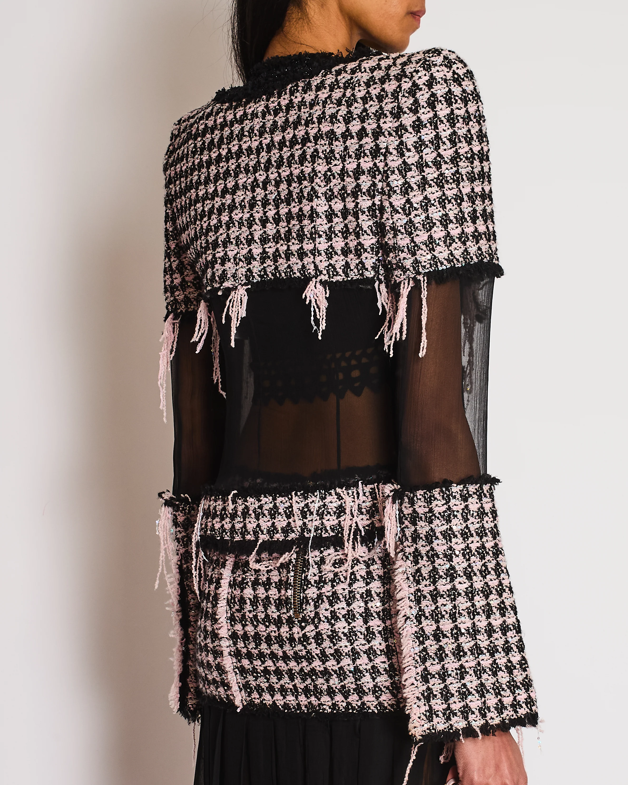 Balmain Pink Tweed Glitter Checkered Jacket with Silk Panel and Matching Skirt Set Size FR 36 (UK 8) - Image 2