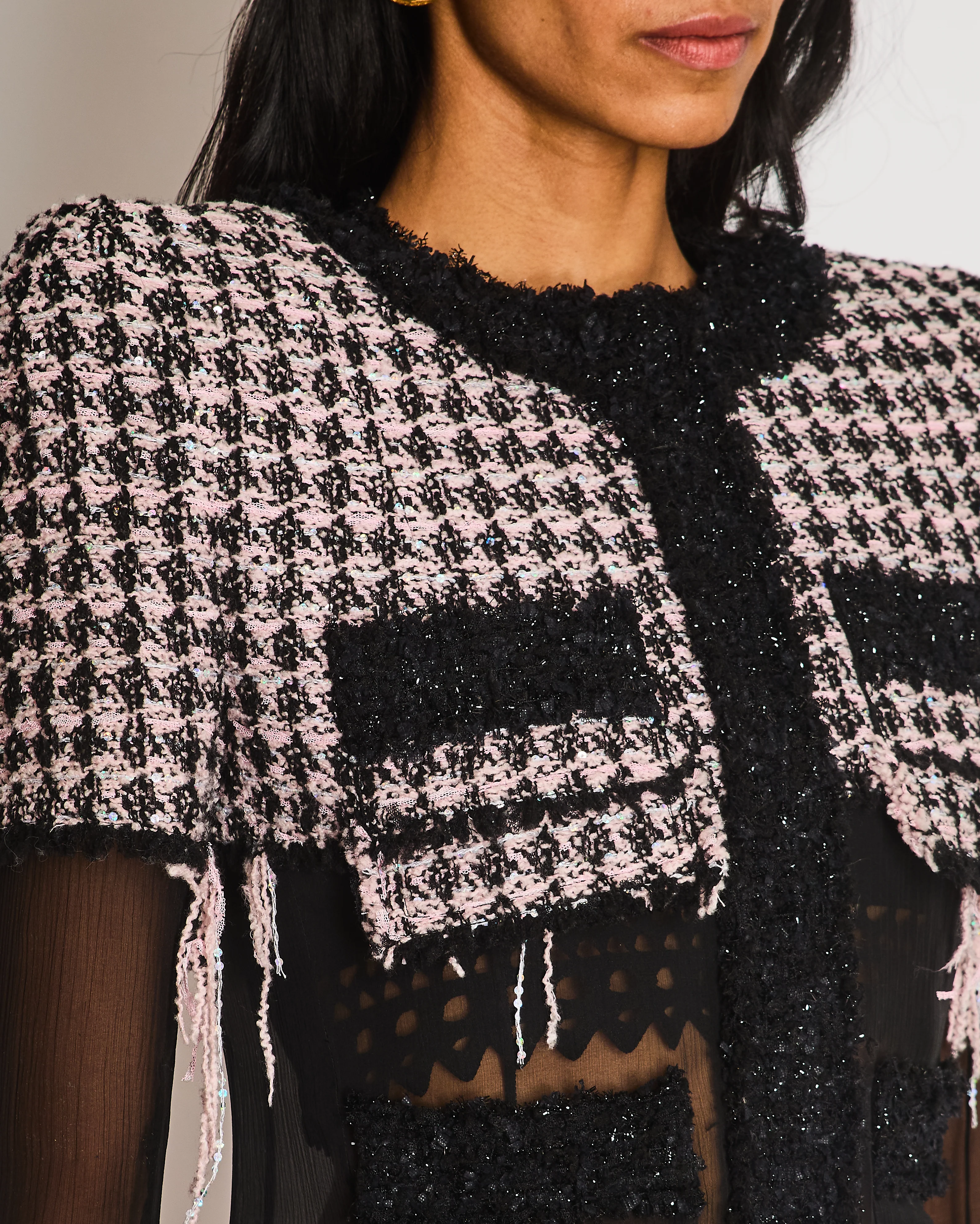 Balmain Pink Tweed Glitter Checkered Jacket with Silk Panel and Matching Skirt Set Size FR 36 (UK 8) - Image 3