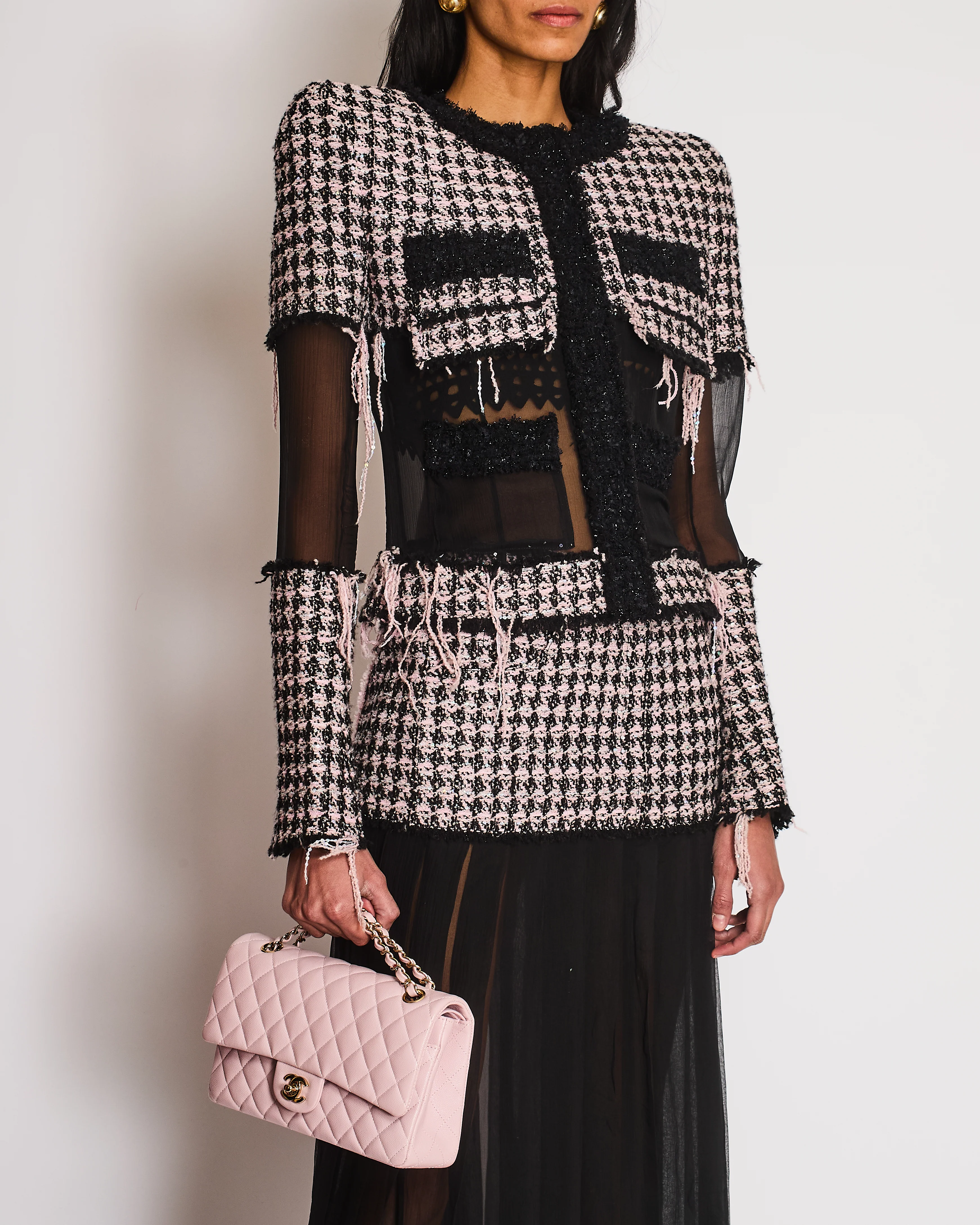 Balmain Pink Tweed Glitter Checkered Jacket with Silk Panel and Matching Skirt Set Size FR 36 (UK 8) - Image 4