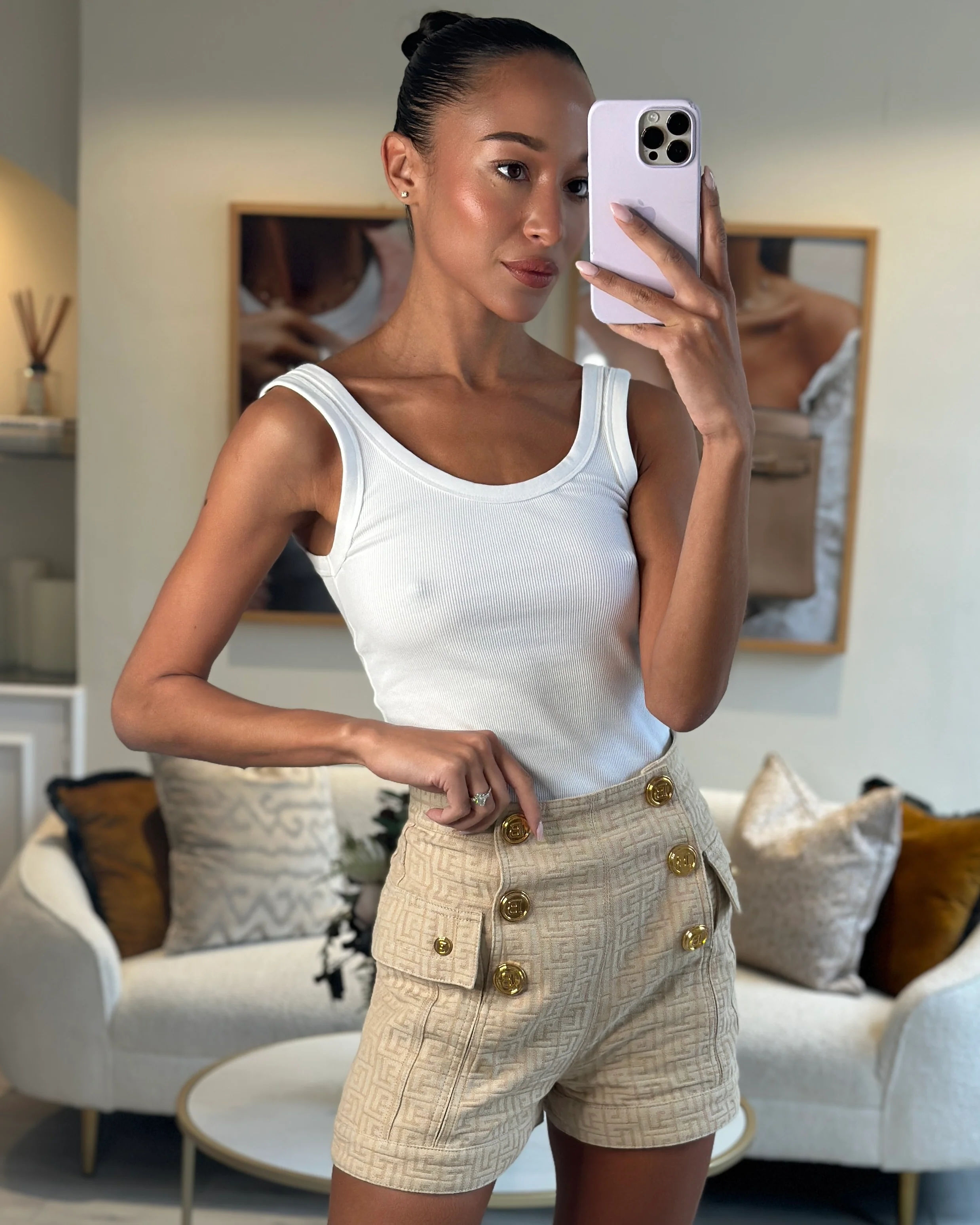 Balmain Printed Beige High Waisted Denim Shorts With Gold Logo Buttons Size FR 34 (UK 6) - Image 6