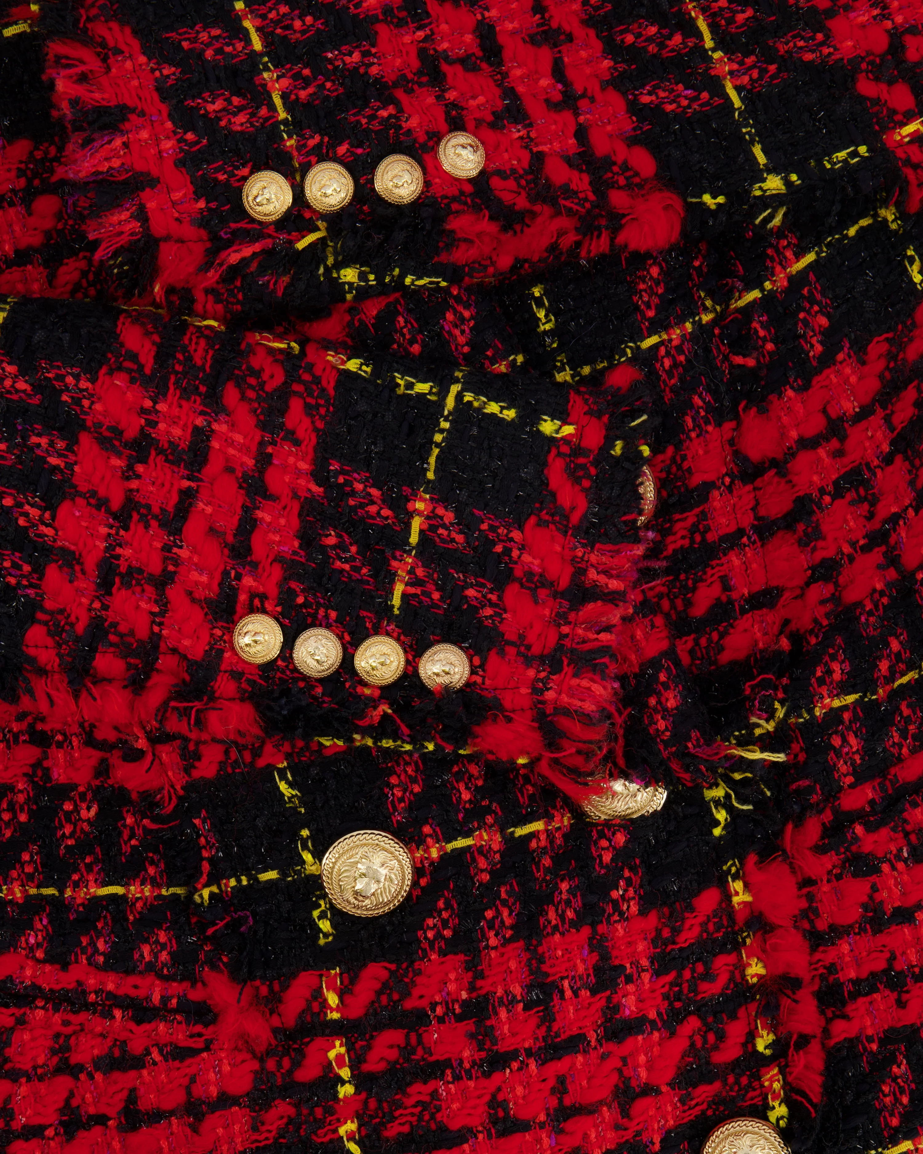 Balmain Red and Black Tweed Belted Double-Breasted Blazer Jacket with Gold Lion Buttons Size FR 36 (UK 8) - Image 6