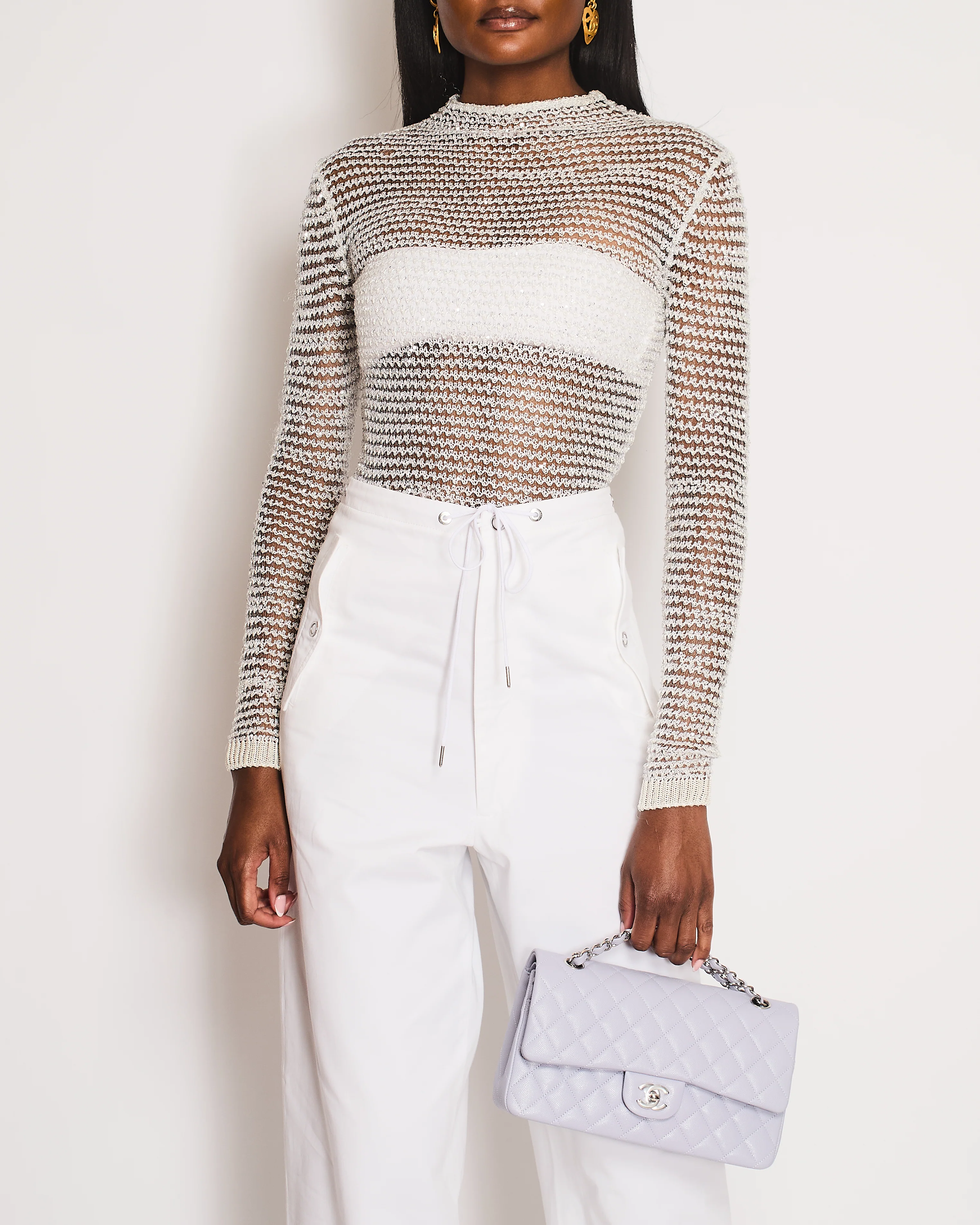 Balmain Silver Cable Knit Embellished Long Sleeve Top Size FR 36 (UK 8)
