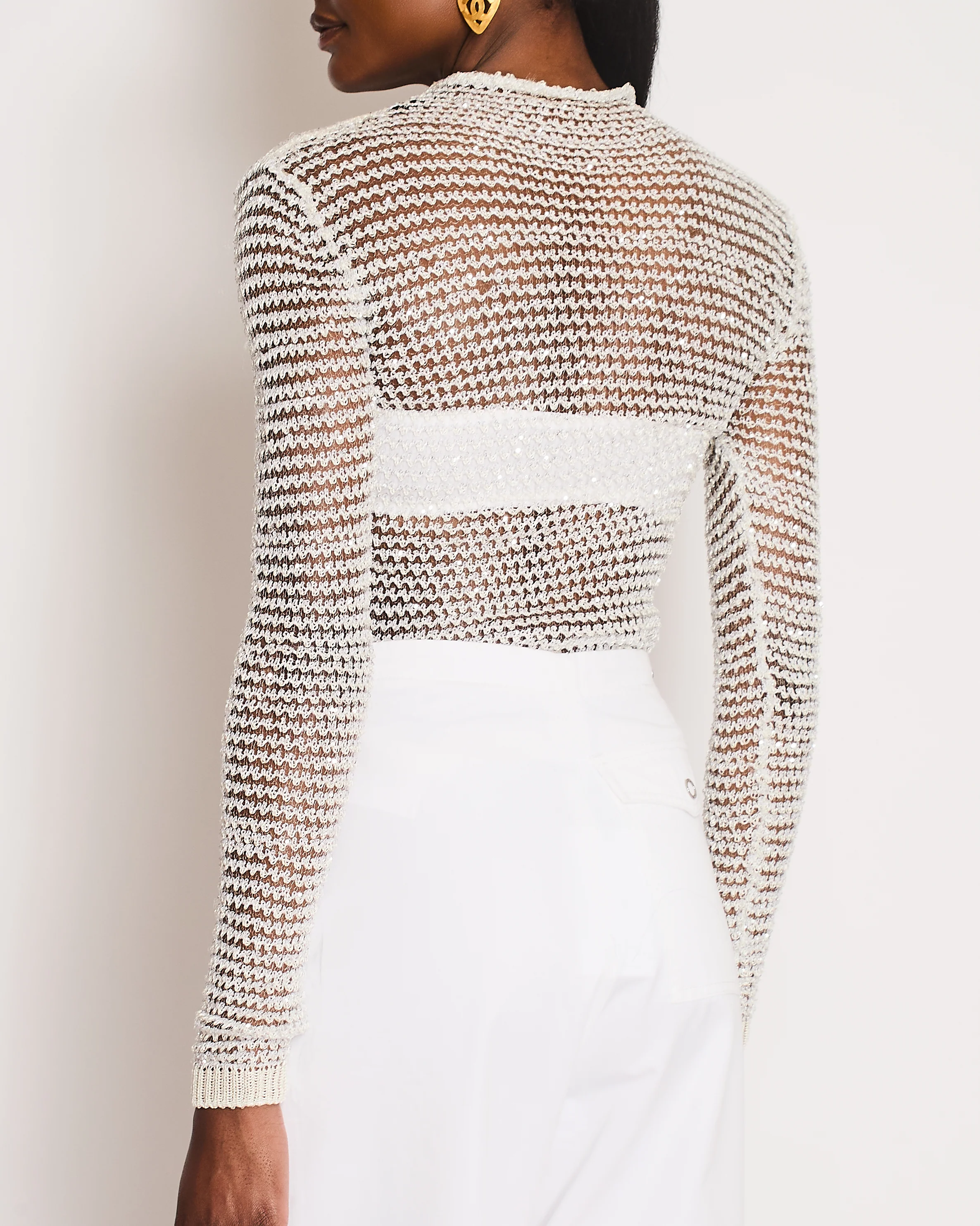 Balmain Silver Cable Knit Embellished Long Sleeve Top Size FR 36 (UK 8) - Image 3
