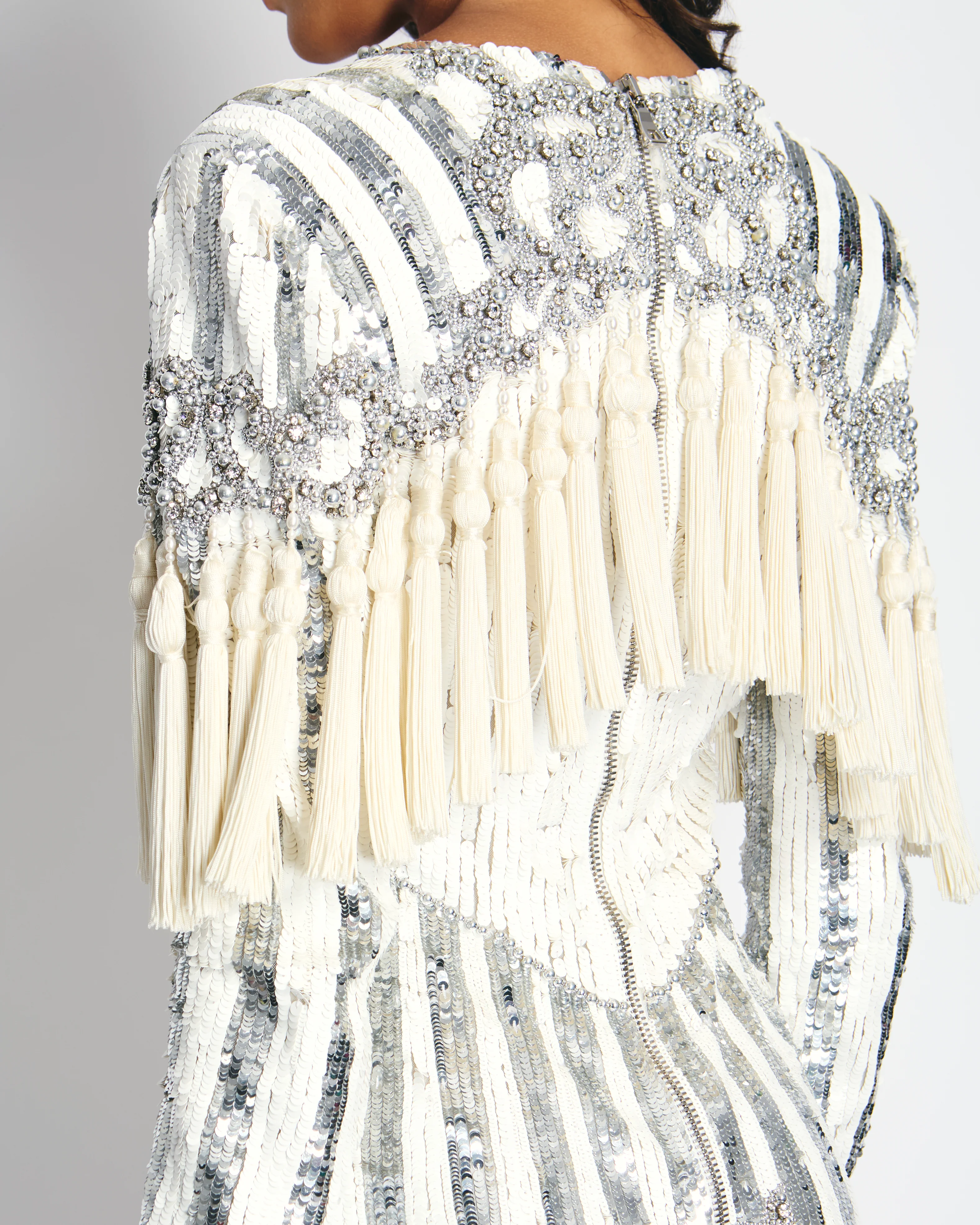 Balmain White and Silver Sequin Embellished Long-Sleeve Mini Dress with Tassel Details Size FR 36 (UK 8) - Image 4