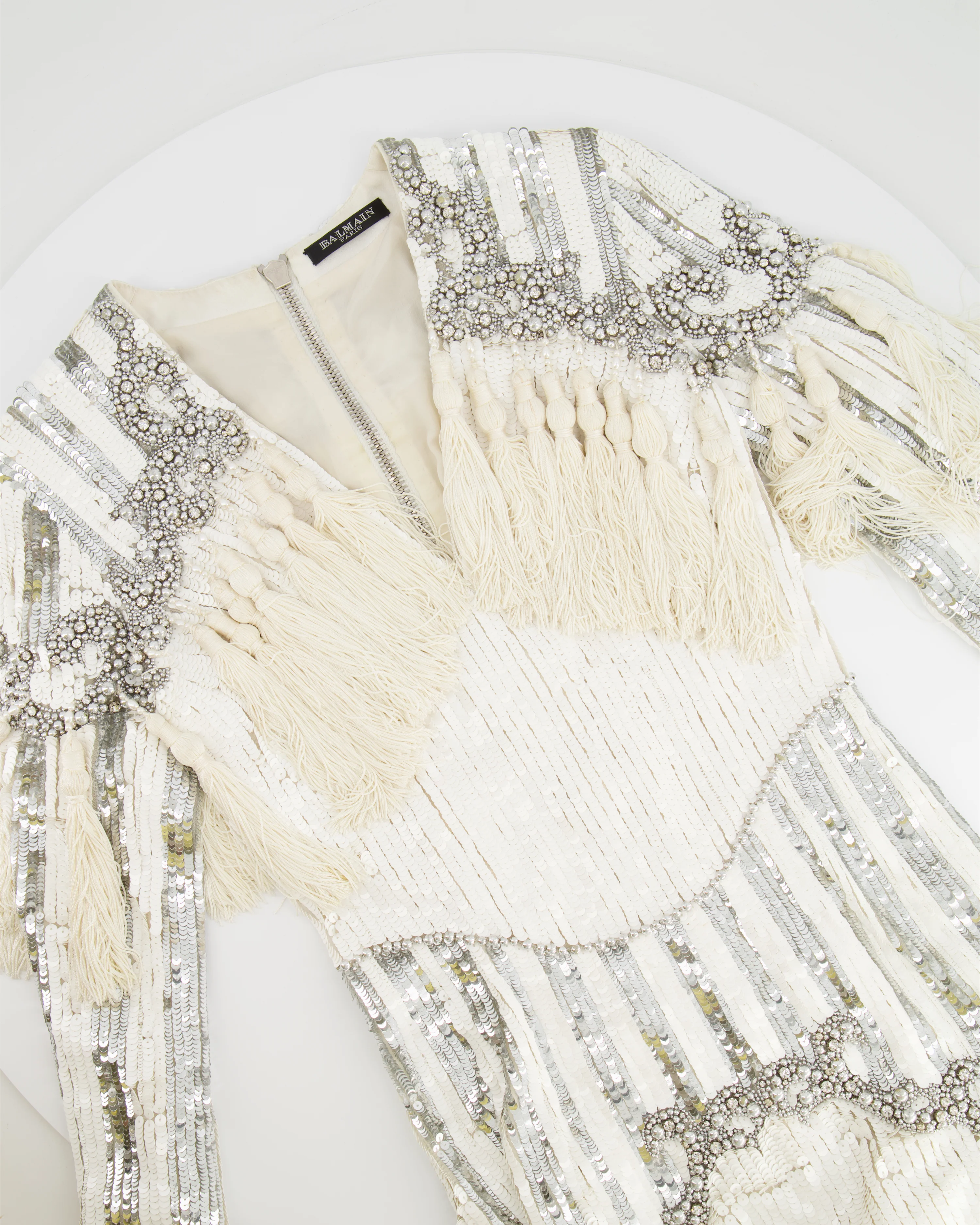 Balmain White and Silver Sequin Embellished Long-Sleeve Mini Dress with Tassel Details Size FR 36 (UK 8) - Image 5