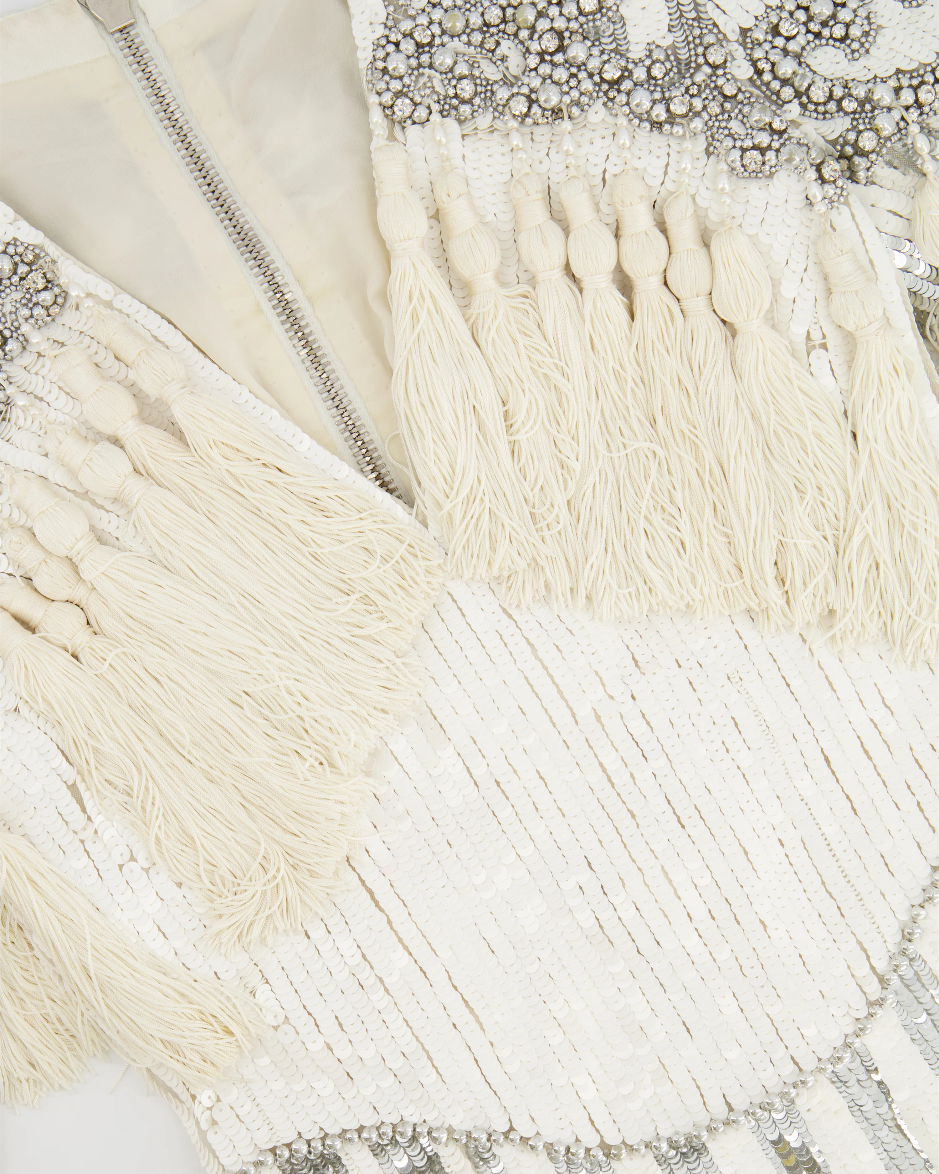 Balmain White and Silver Sequin Embellished Long-Sleeve Mini Dress with Tassel Details Size FR 36 (UK 8) - Image 6