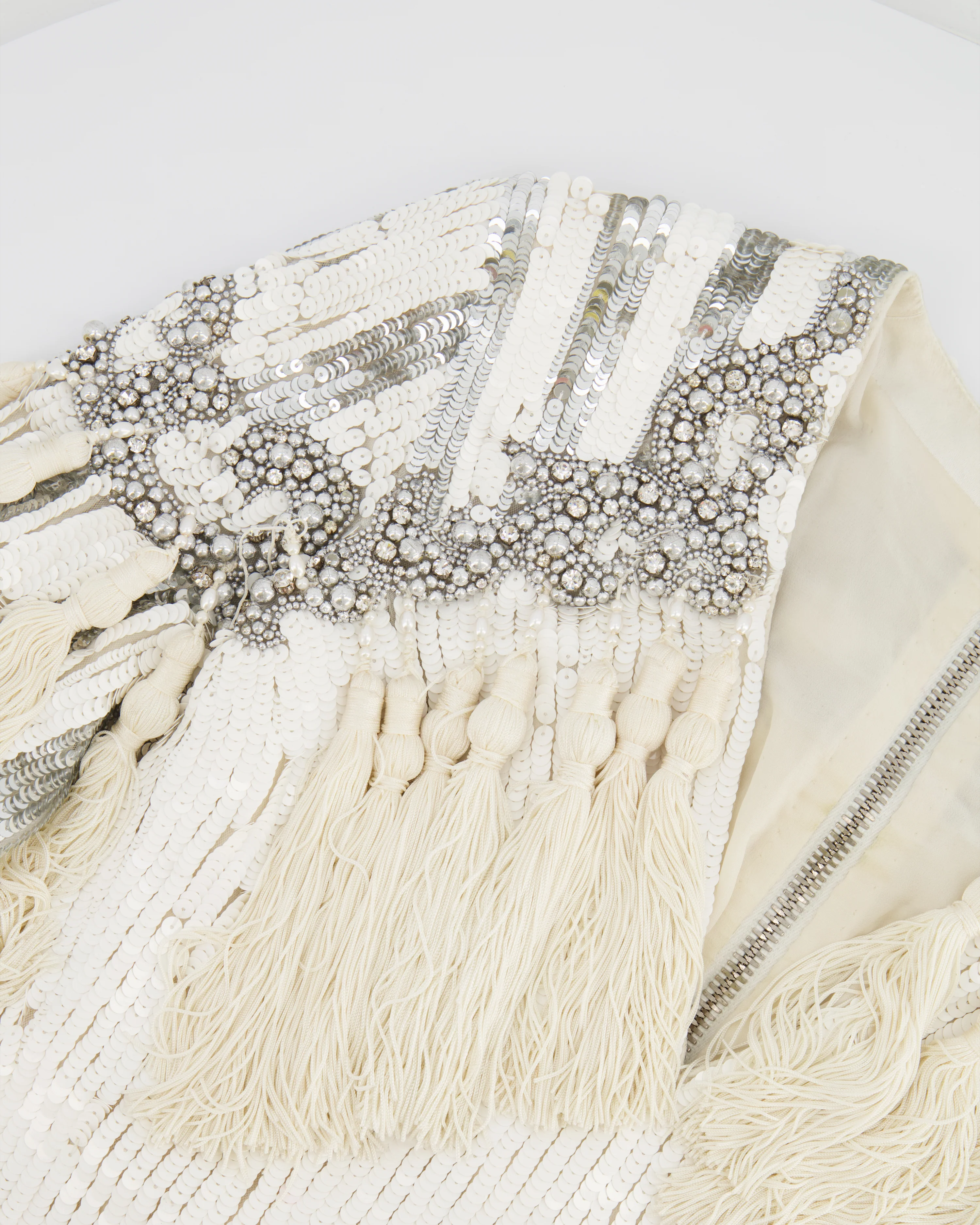 Balmain White and Silver Sequin Embellished Long-Sleeve Mini Dress with Tassel Details Size FR 36 (UK 8) - Image 7