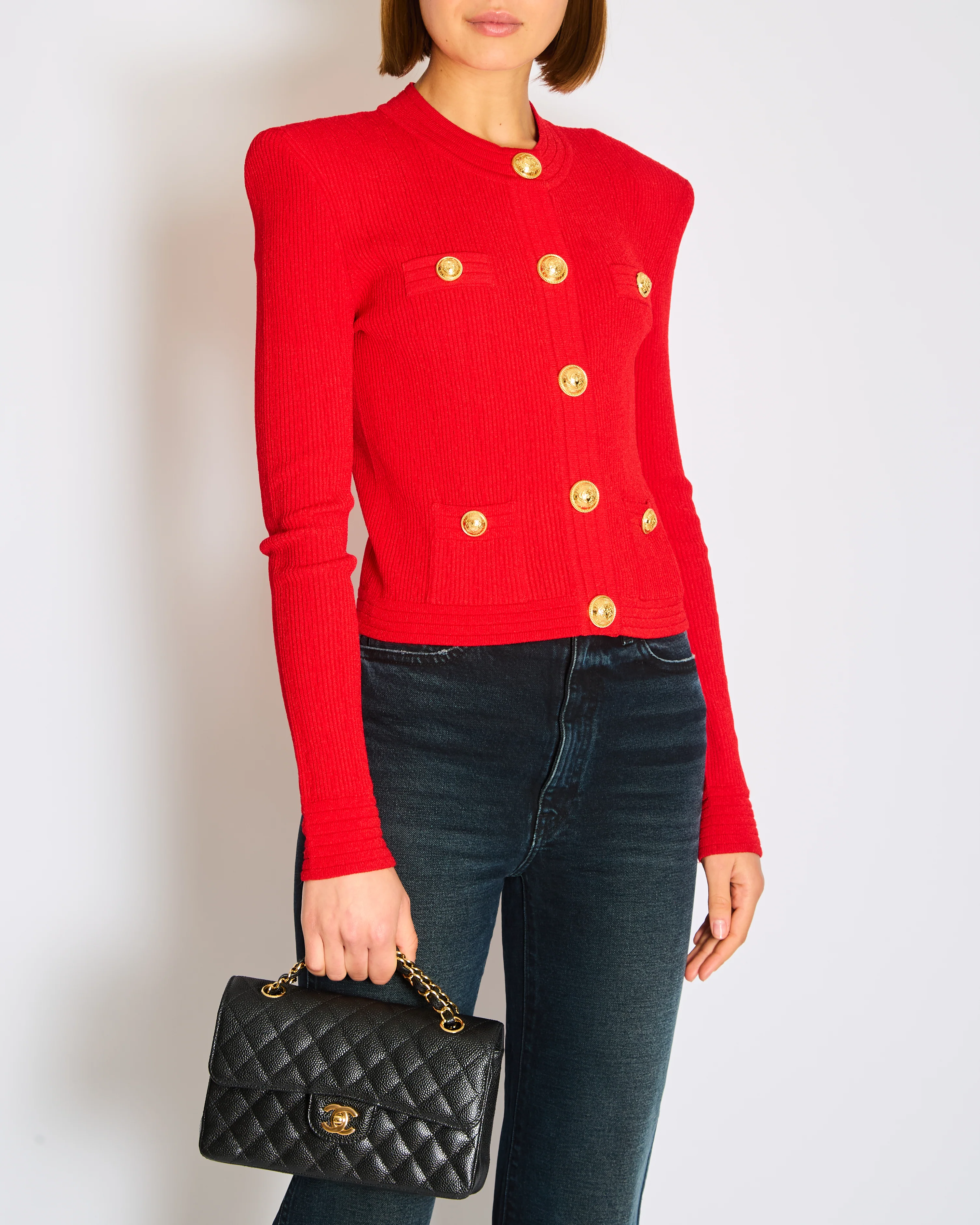 Balmain Red Ribbed Knit Cardigan with Structured Shoulders and Signature Gold Coin Button Detail Size FR 40 (UK 12)