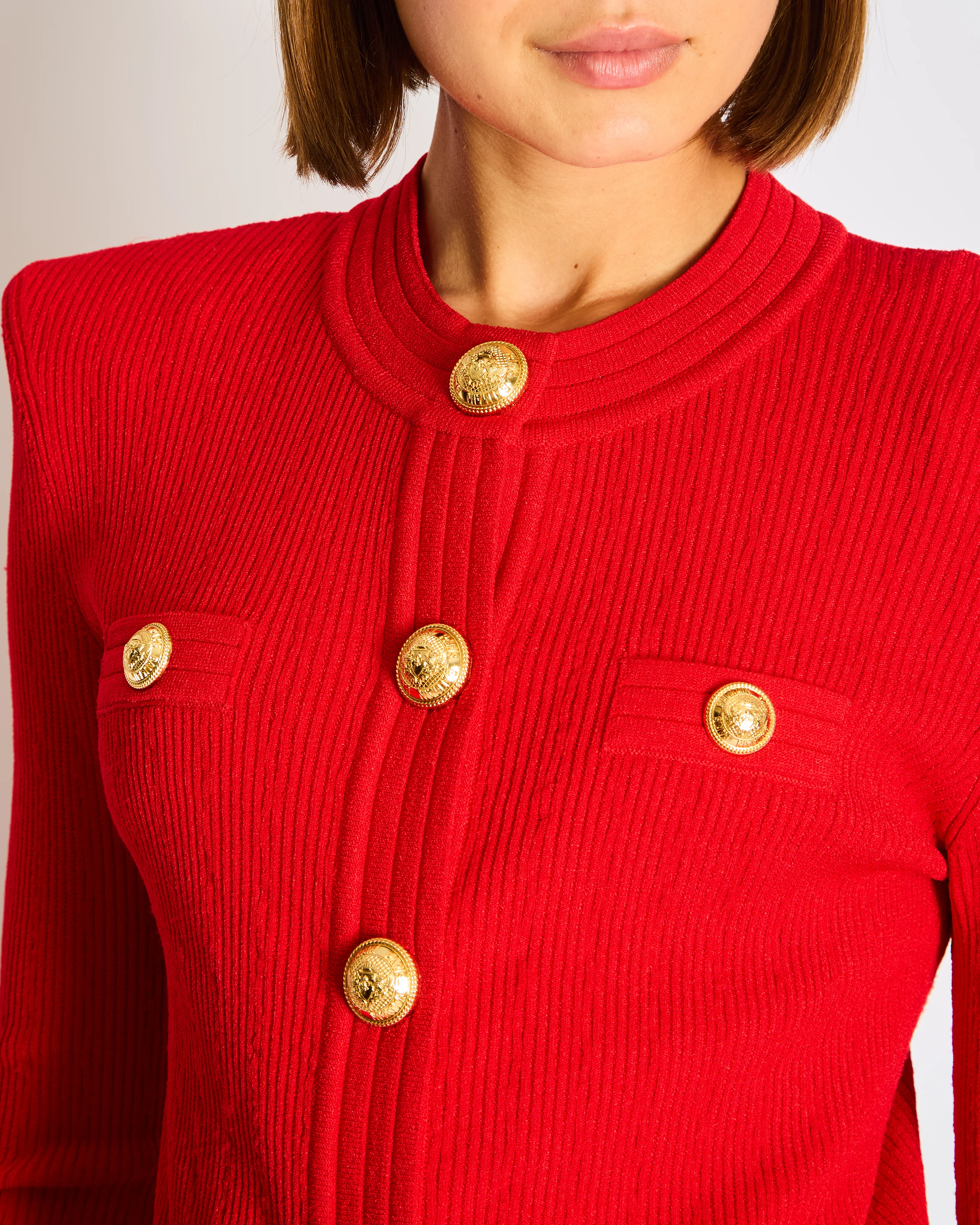 Balmain Red Ribbed Knit Cardigan with Structured Shoulders and Signature Gold Coin Button Detail Size FR 40 (UK 12) - Image 2