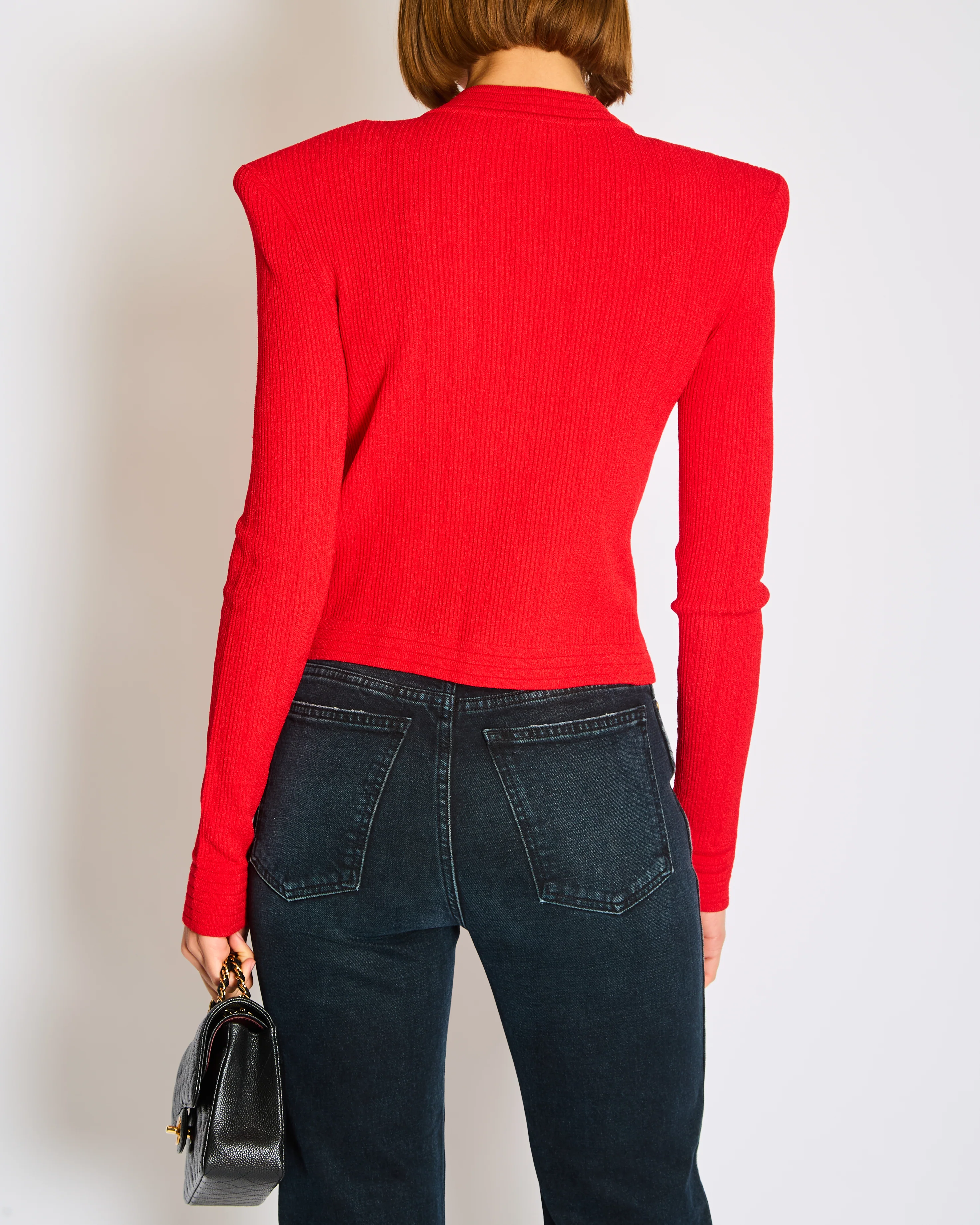 Balmain Red Ribbed Knit Cardigan with Structured Shoulders and Signature Gold Coin Button Detail Size FR 40 (UK 12) - Image 4
