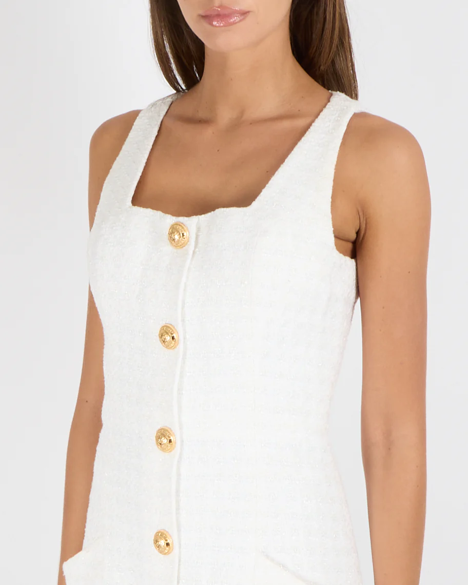 Balmain White Tweed Sleeveless Mini Dress with Front Pockets and Gold Logo Buttons Size FR 38 (UK 10) RRP £2,500 - Image 2