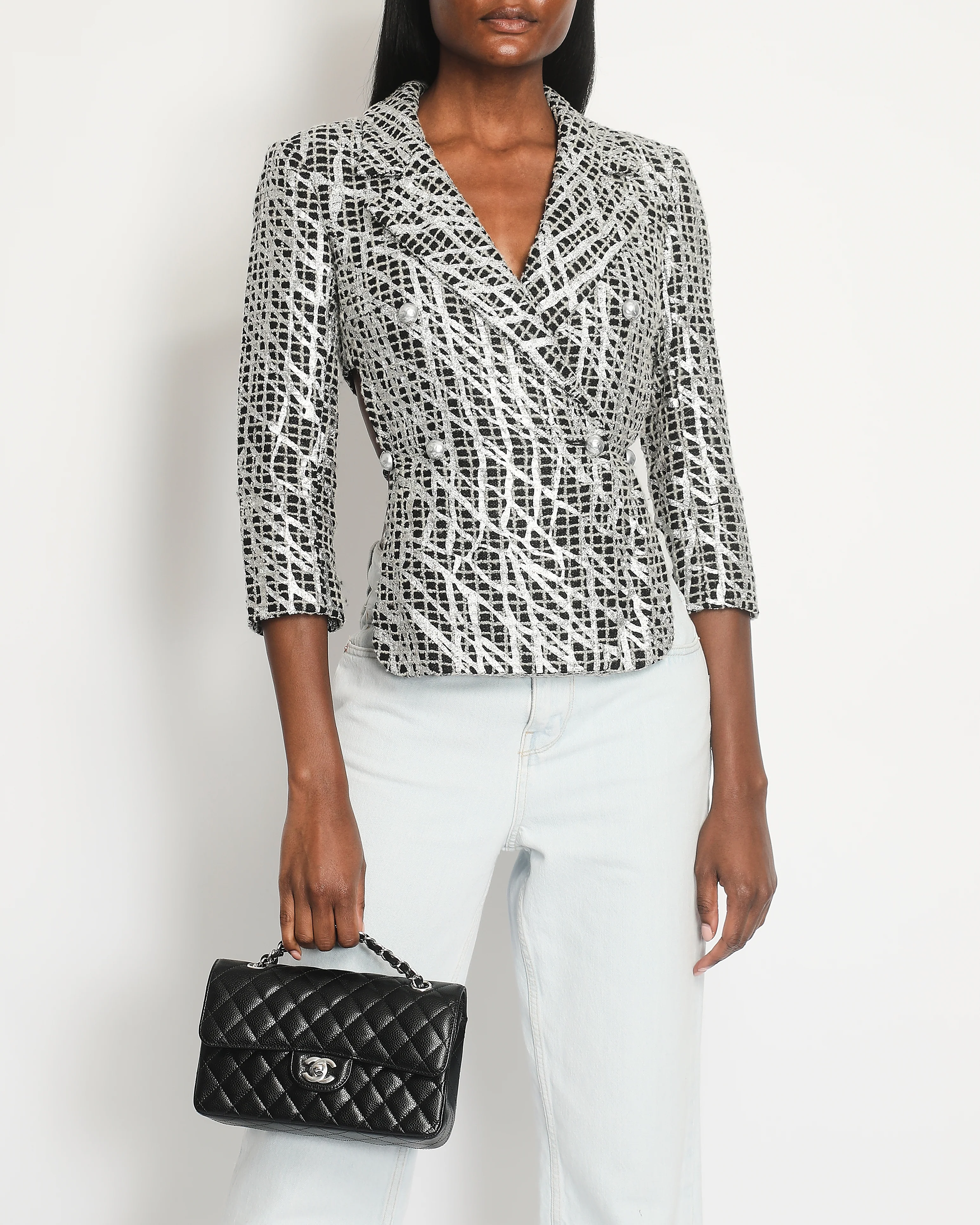 Chanel Spring 2012 Black & White Checked Tweed Backless Jacket with Silver Screen Print and Pearl Belt at the Back Size FR 34 (UK 4)