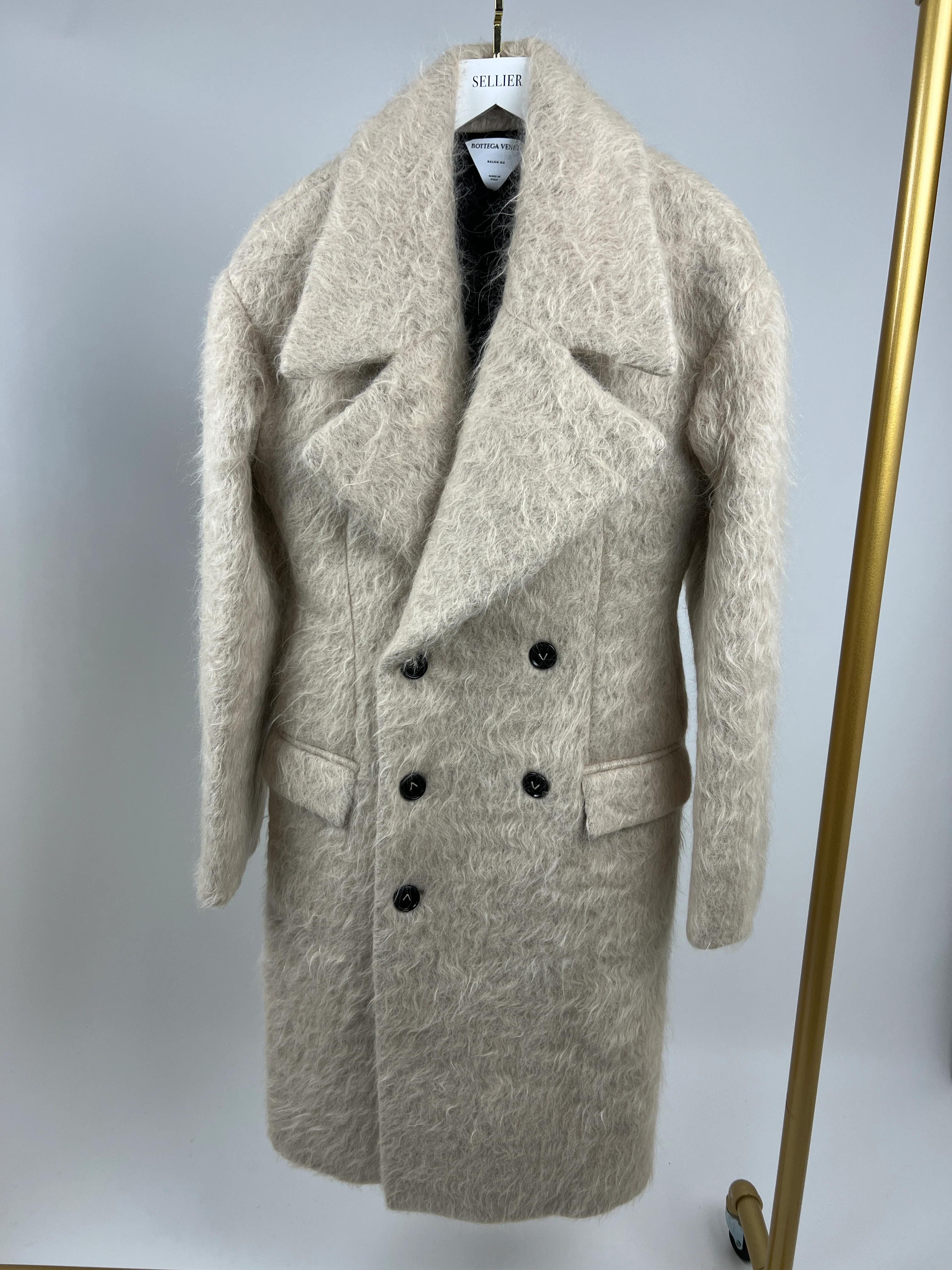 Bottega Veneta Beige Wavy Brushed Double Breasted Coat with Lapel Detail IT 42 (UK 10) - Image 4