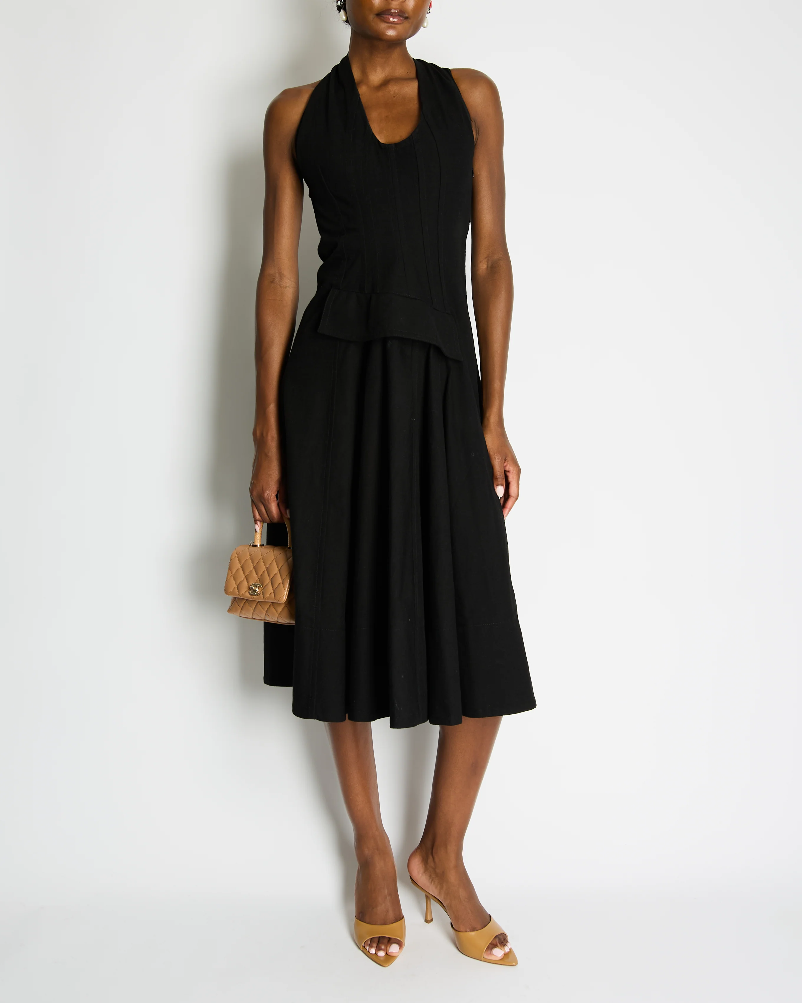 Bottega Veneta Black Sleeveless Cotton Midi Dress with Twist Back and Pocket Detail Size IT 40 (UK 8)