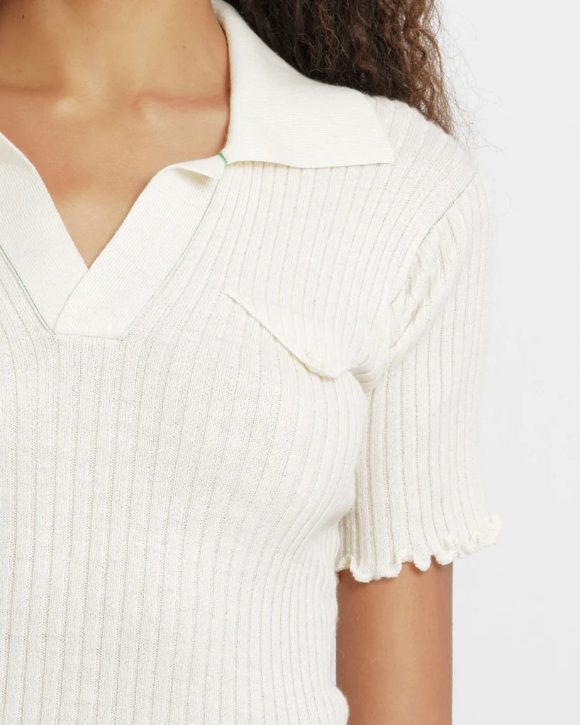 Bottega Veneta Cream Wool Ribbed Polo with Green Details and Frilled Hems with Heart Button Detail Size M (UK 10) RRP £890 - Image 2