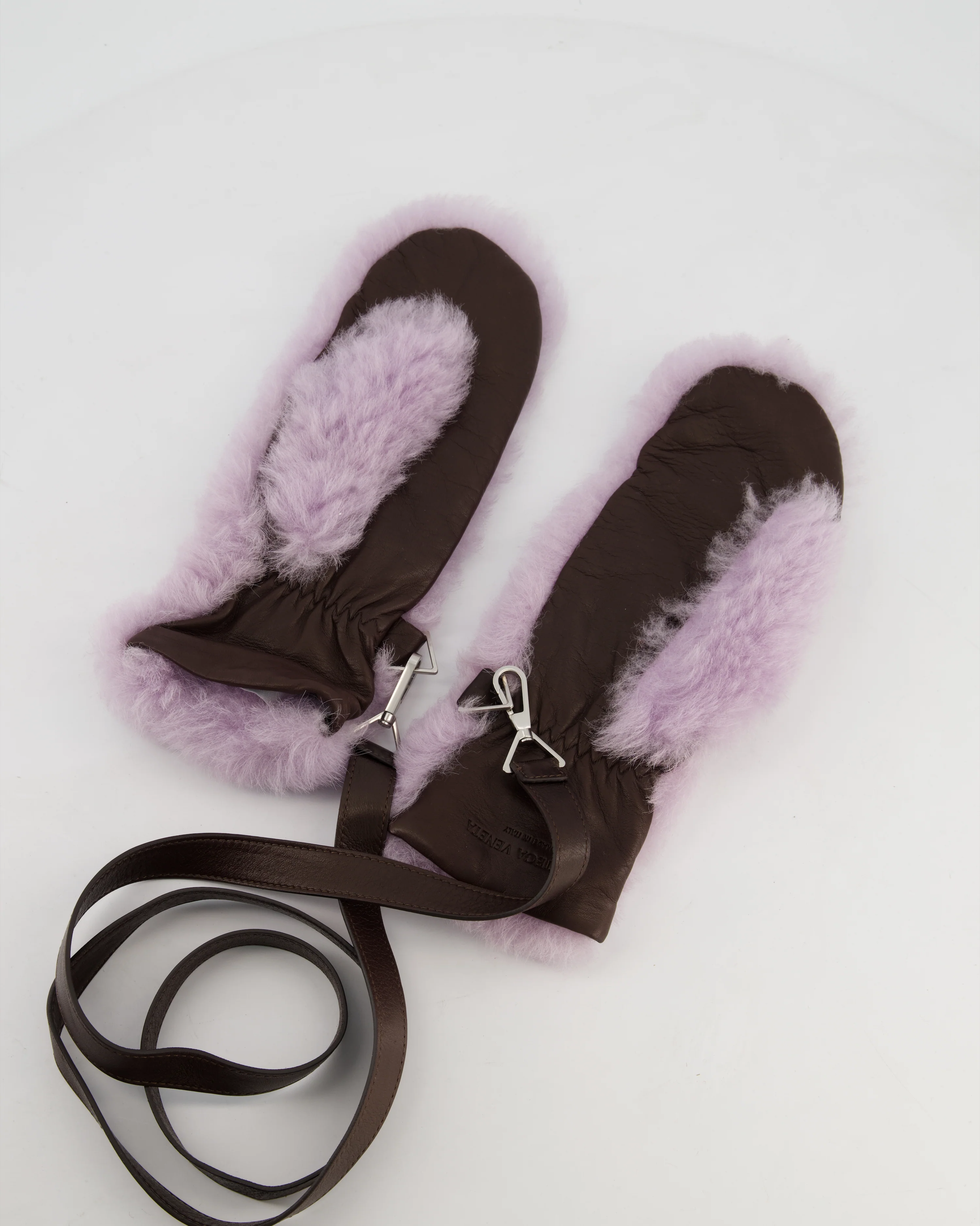 Bottega Veneta Lilac Teddy Shearling Mittens with Brown Lambskin Leather Strap and Silver Hardware Size 7.5 (M) - Image 3