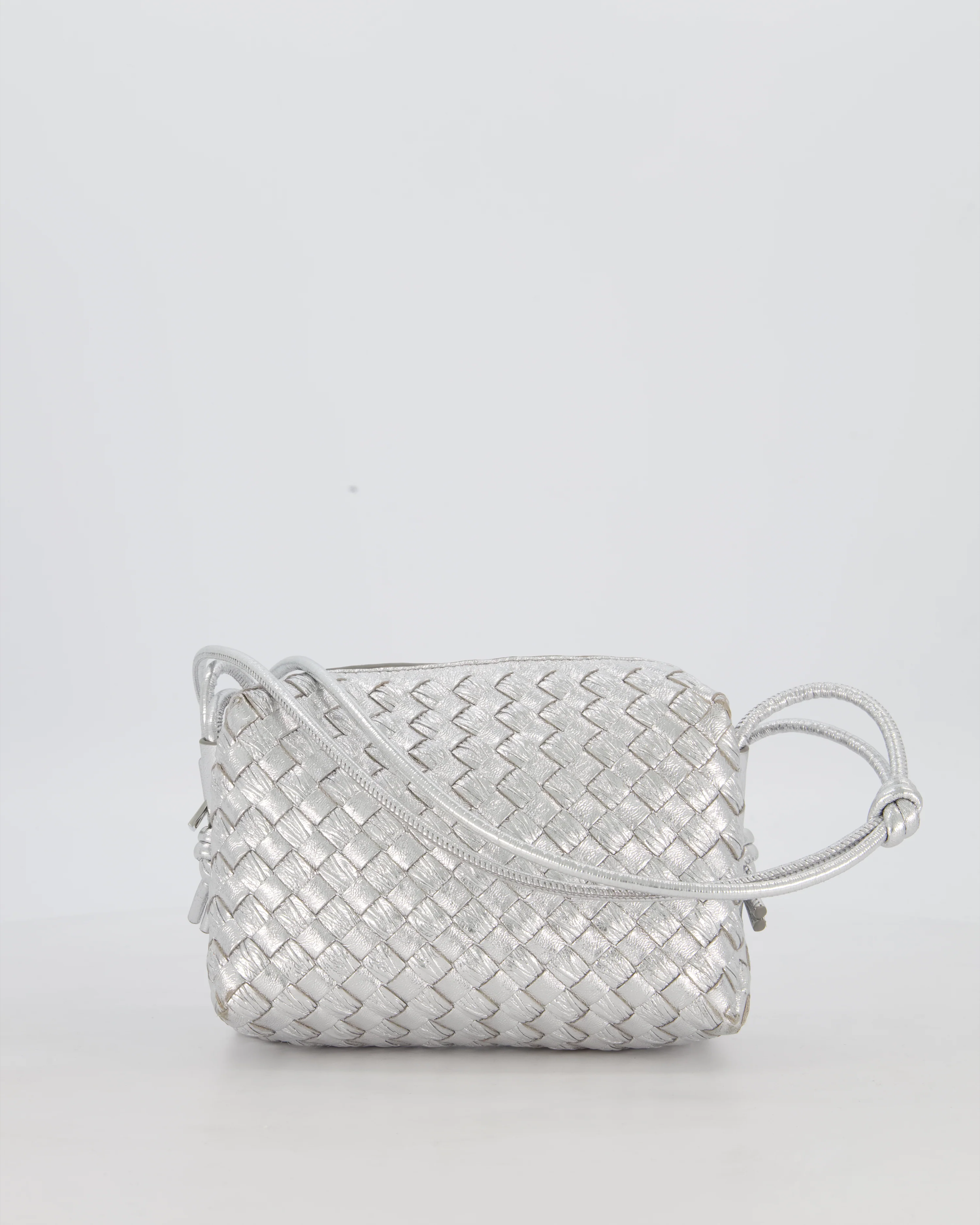Bottega Veneta Metalic Silver Mini Loop Intrecciato Camera Bag in Lambskin Leather