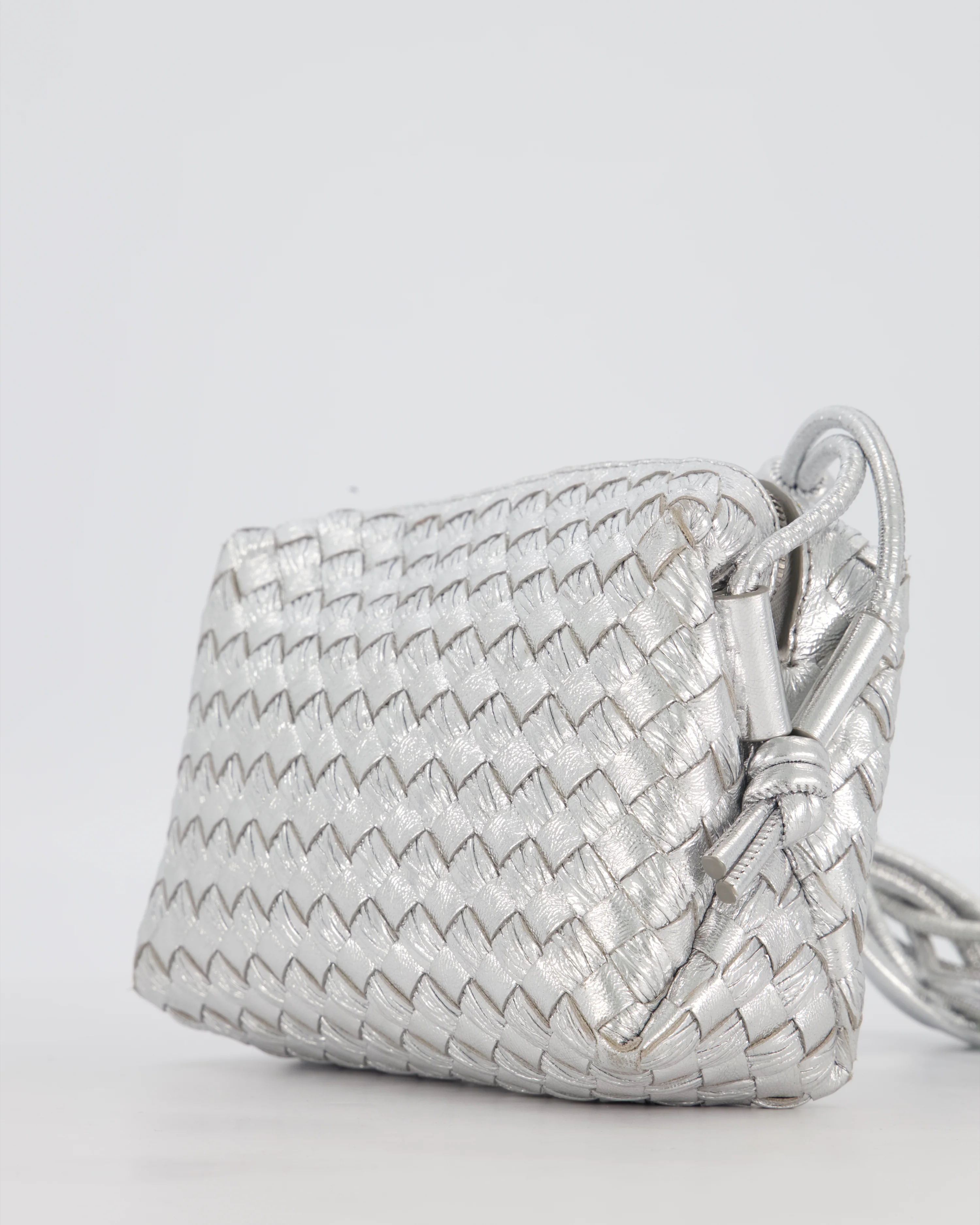 Bottega Veneta Metalic Silver Mini Loop Intrecciato Camera Bag in Lambskin Leather - Image 11
