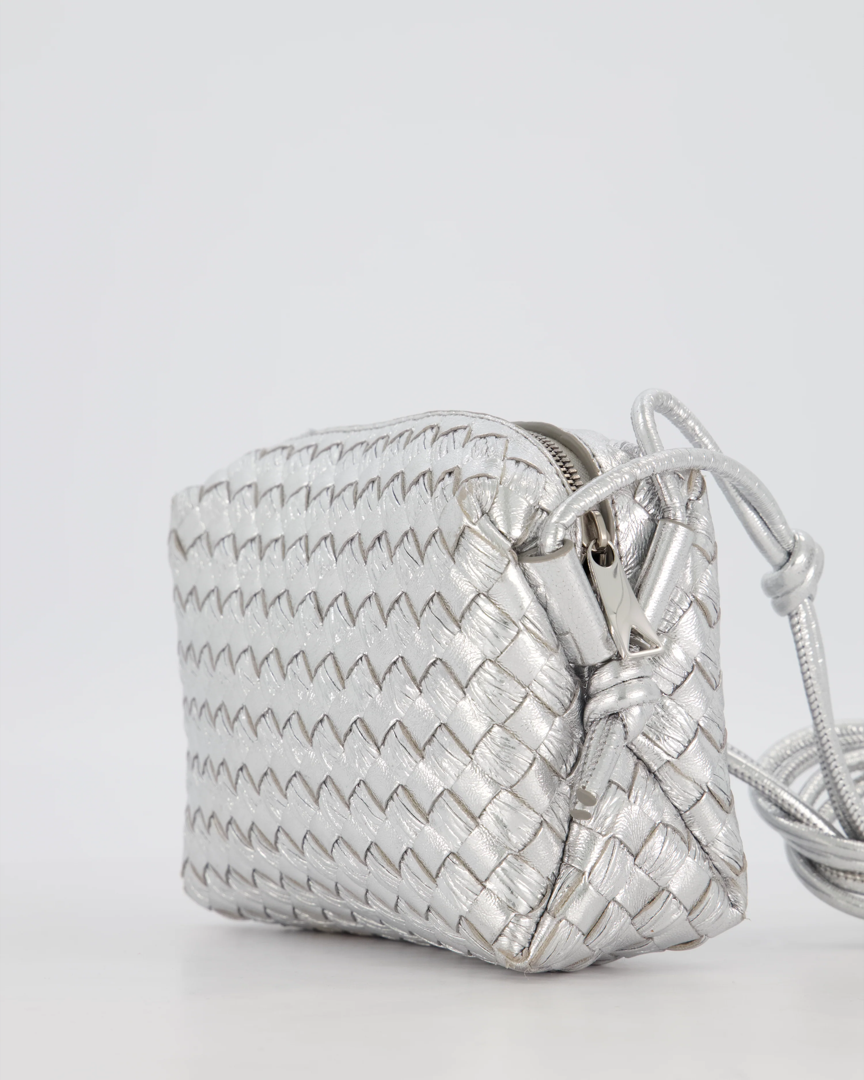 Bottega Veneta Metalic Silver Mini Loop Intrecciato Camera Bag in Lambskin Leather - Image 12