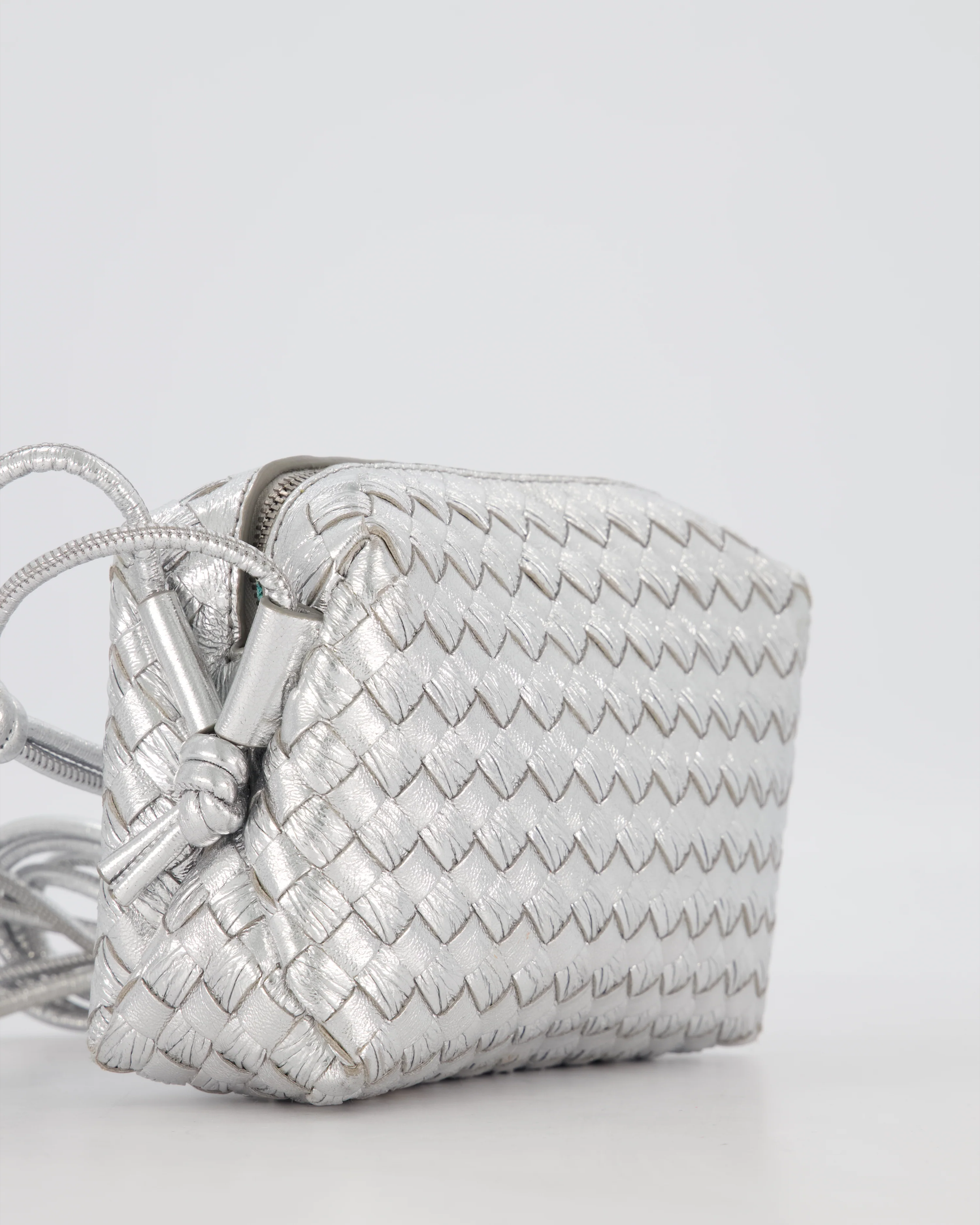 Bottega Veneta Metalic Silver Mini Loop Intrecciato Camera Bag in Lambskin Leather - Image 13