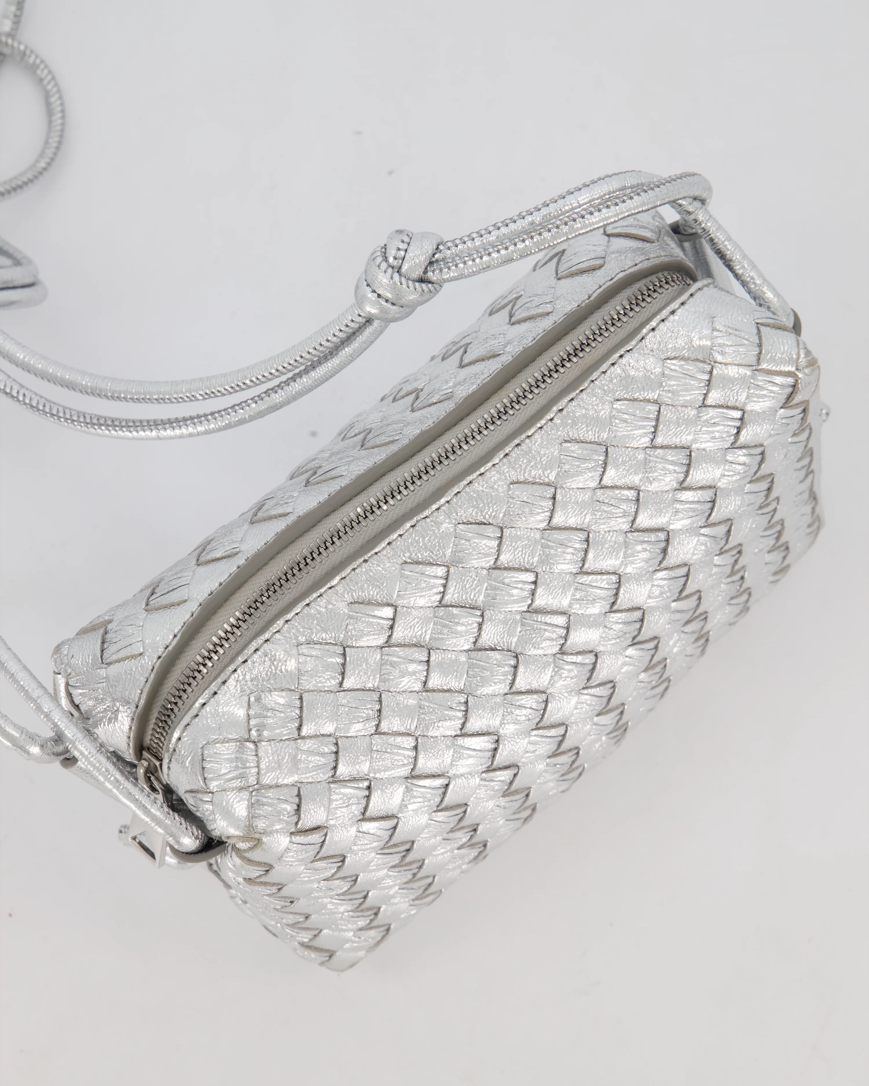 Bottega Veneta Metalic Silver Mini Loop Intrecciato Camera Bag in Lambskin Leather - Image 14
