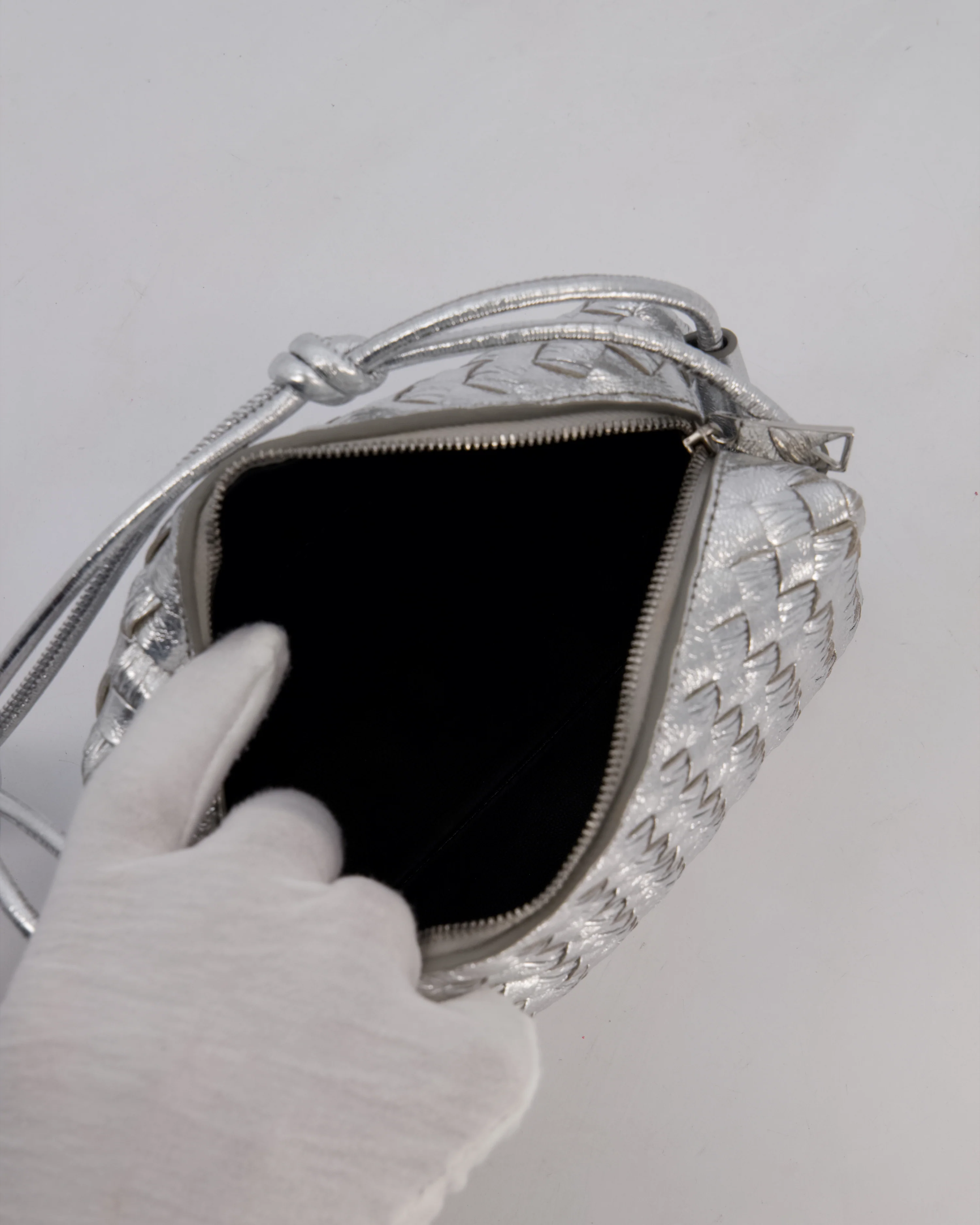 Bottega Veneta Metalic Silver Mini Loop Intrecciato Camera Bag in Lambskin Leather - Image 15