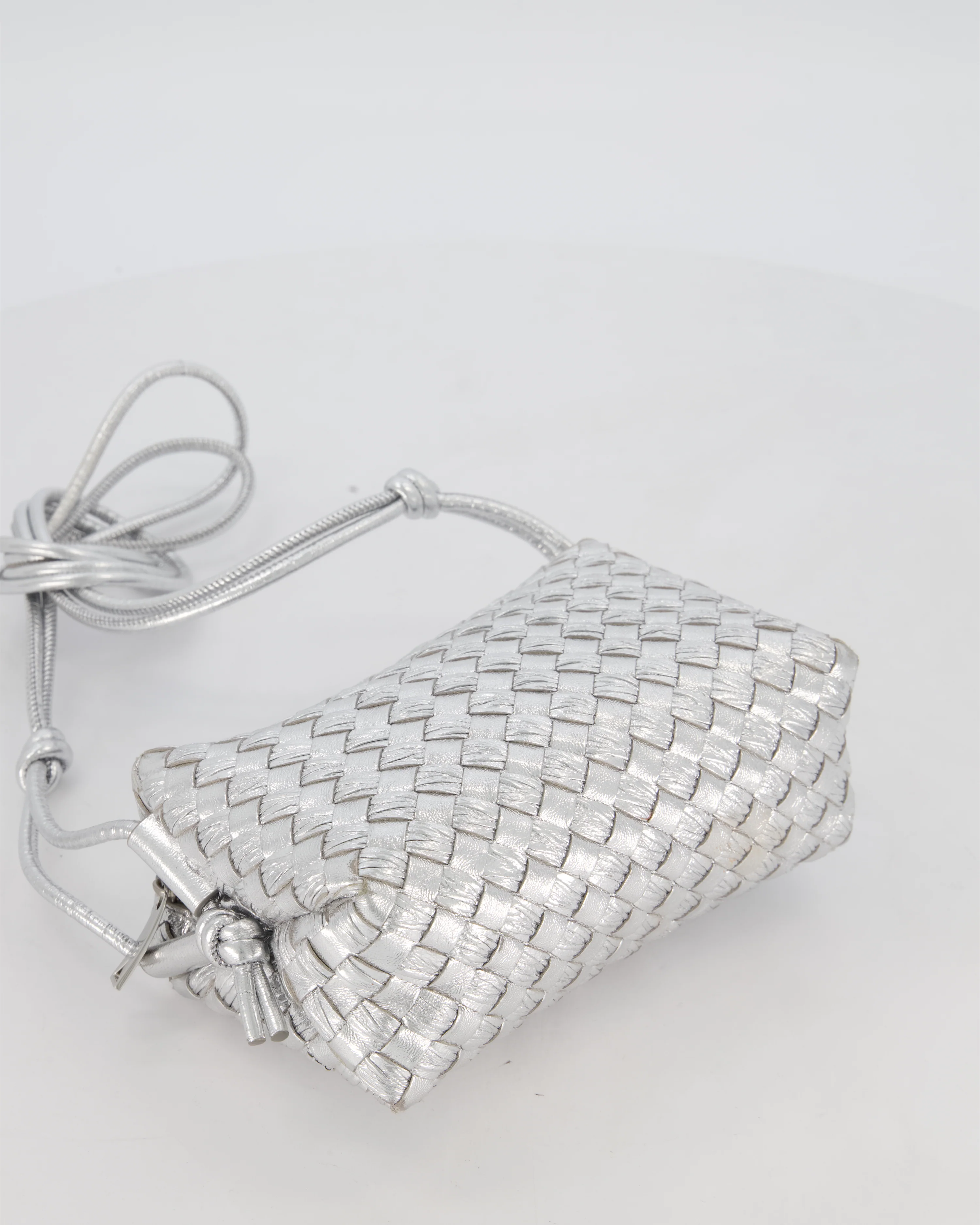 Bottega Veneta Metalic Silver Mini Loop Intrecciato Camera Bag in Lambskin Leather - Image 17