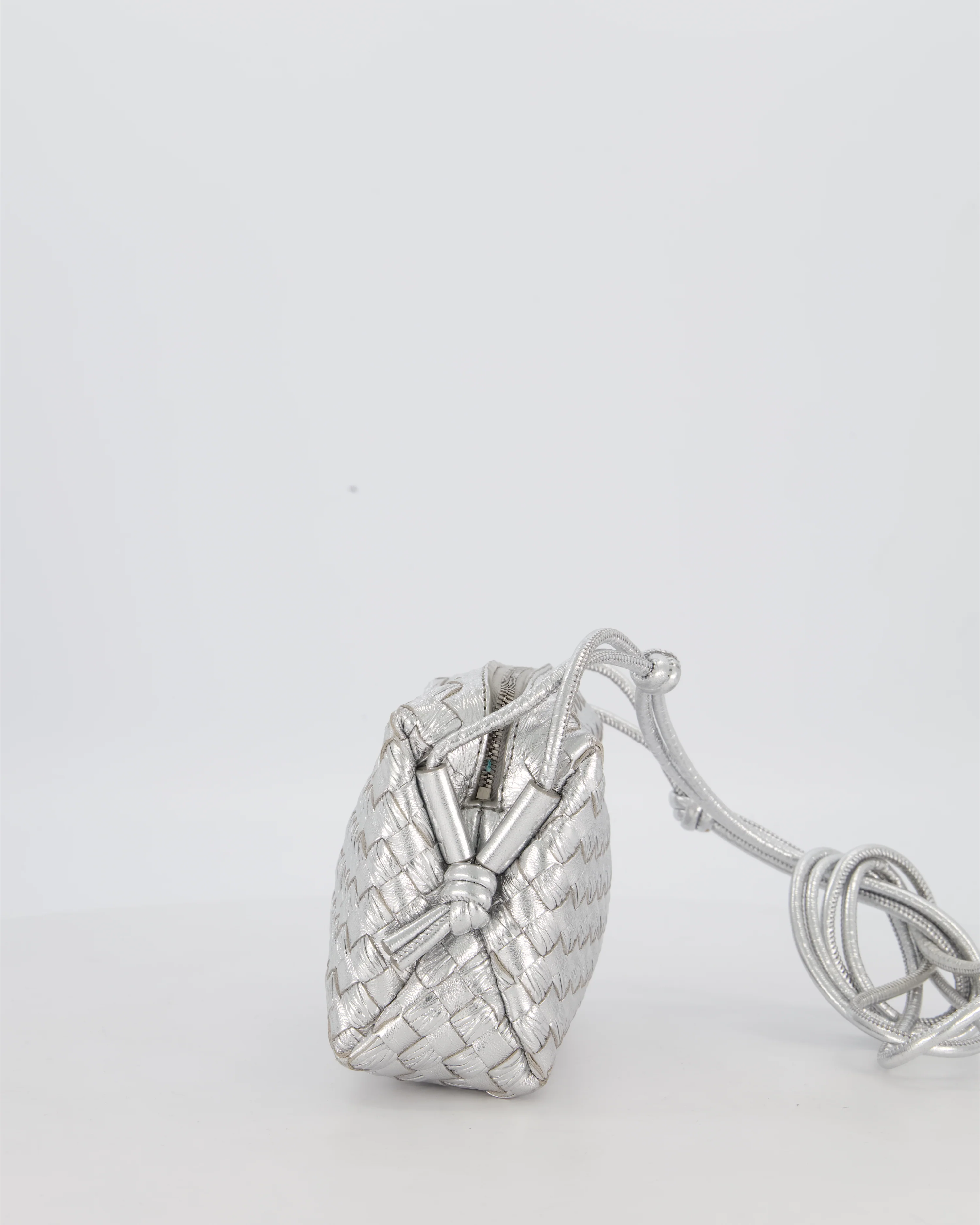 Bottega Veneta Metalic Silver Mini Loop Intrecciato Camera Bag in Lambskin Leather - Image 8