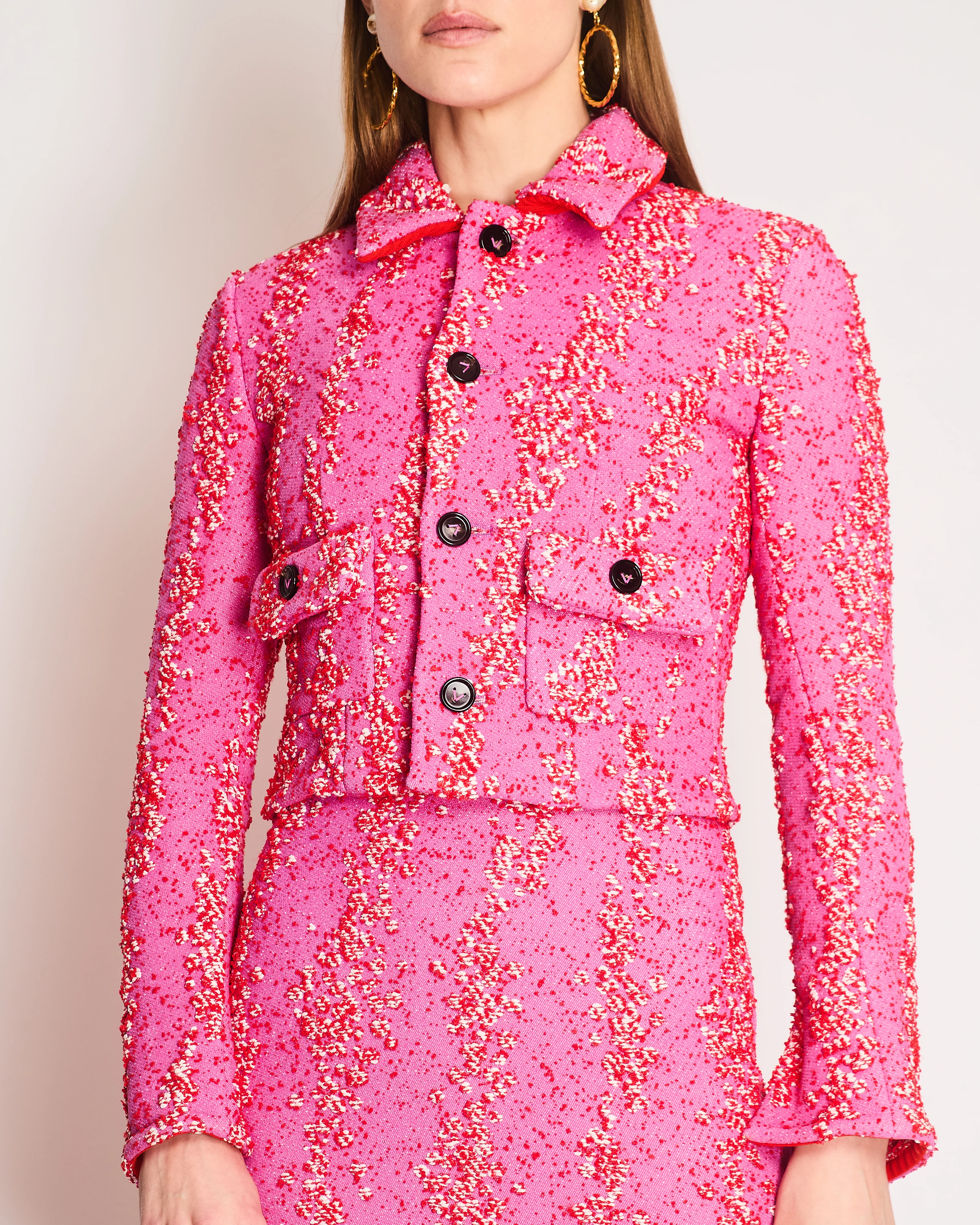 Bottega Veneta SS21 Runway Pink, Red, and White Tweed-Look Bouclé Cropped Jacket and Matching Mini Dress Size IT 36 (UK 4) - Image 4