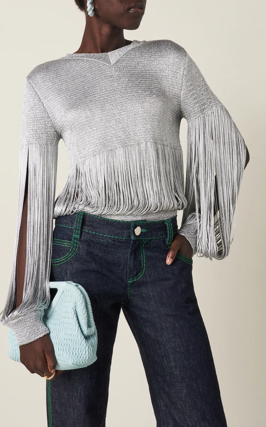 Bottega Veneta Silver Metallic Jumper with Fringe Details Size S (UK 8) RRP £1210 - Image 10
