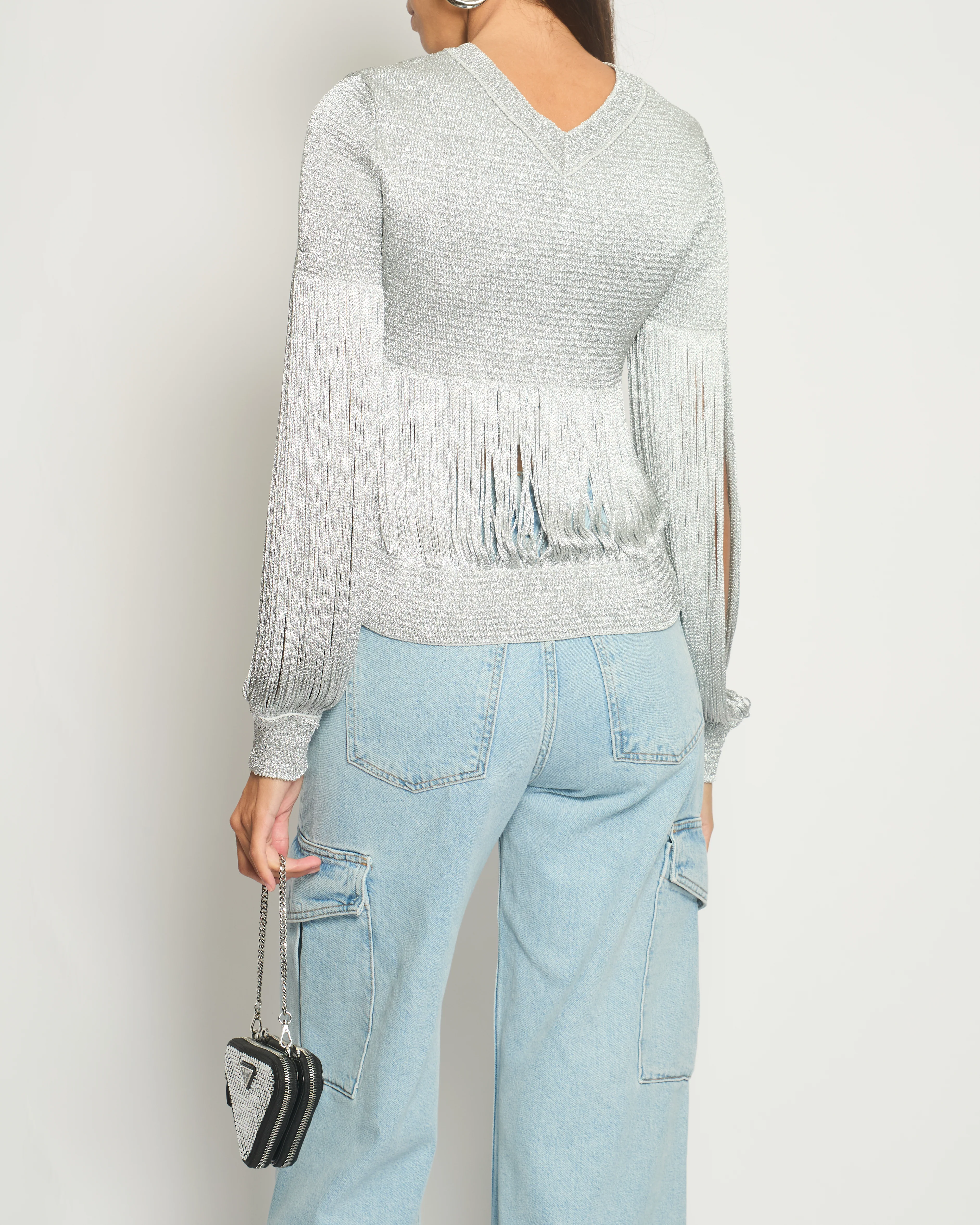 Bottega Veneta Silver Metallic Jumper with Fringe Details Size S (UK 8) RRP £1210 - Image 2