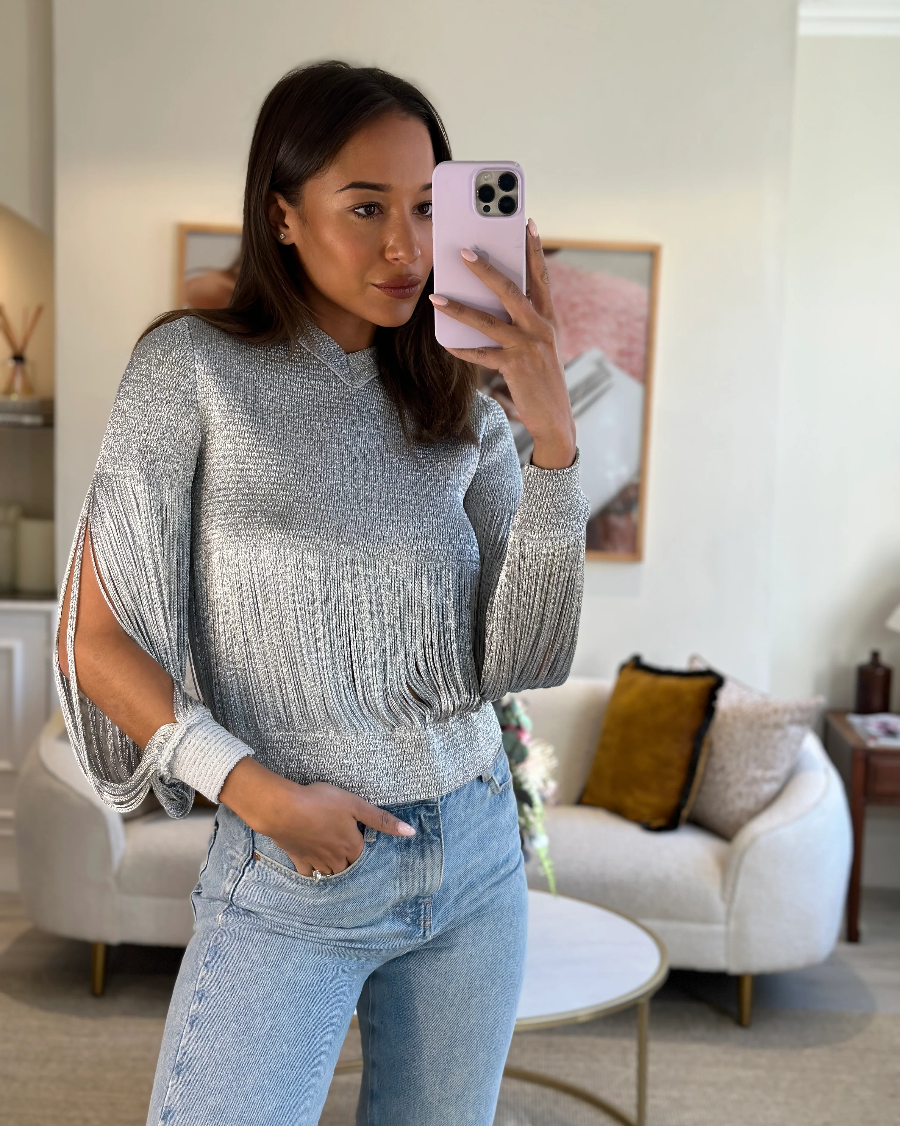 Bottega Veneta Silver Metallic Jumper with Fringe Details Size S (UK 8) RRP £1210 - Image 6