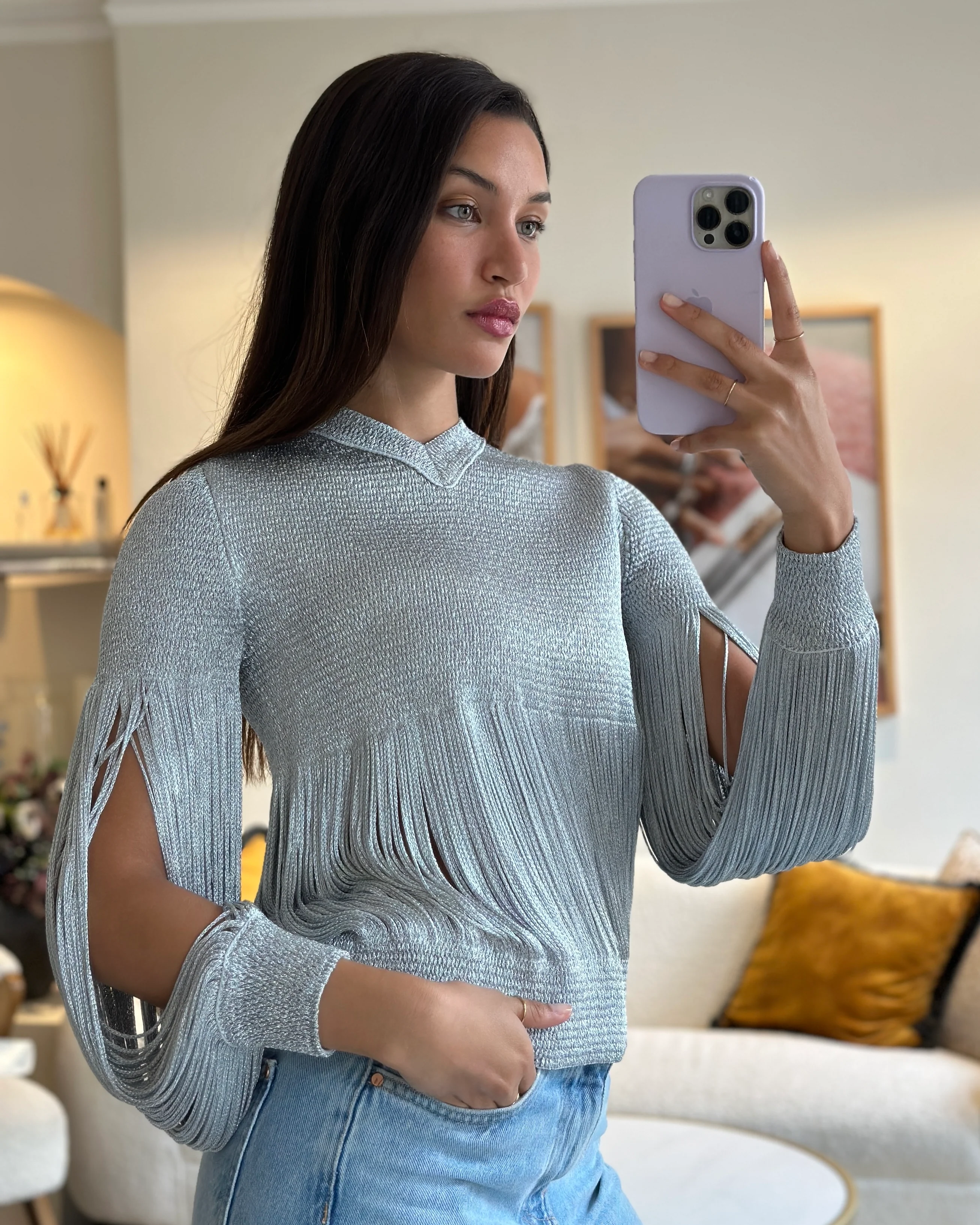 Bottega Veneta Silver Metallic Jumper with Fringe Details Size S (UK 8) RRP £1210 - Image 7