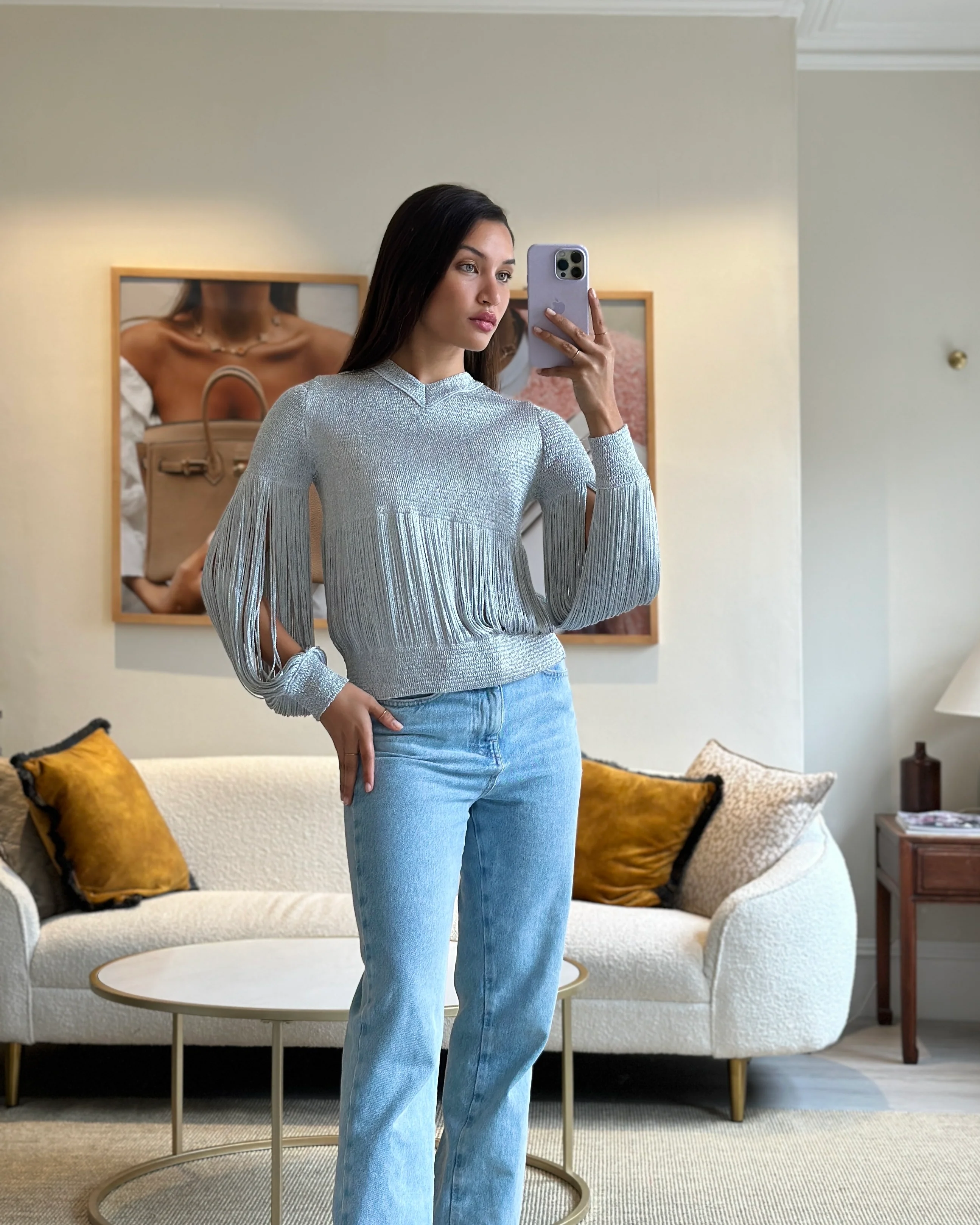 Bottega Veneta Silver Metallic Jumper with Fringe Details Size S (UK 8) RRP £1210 - Image 8