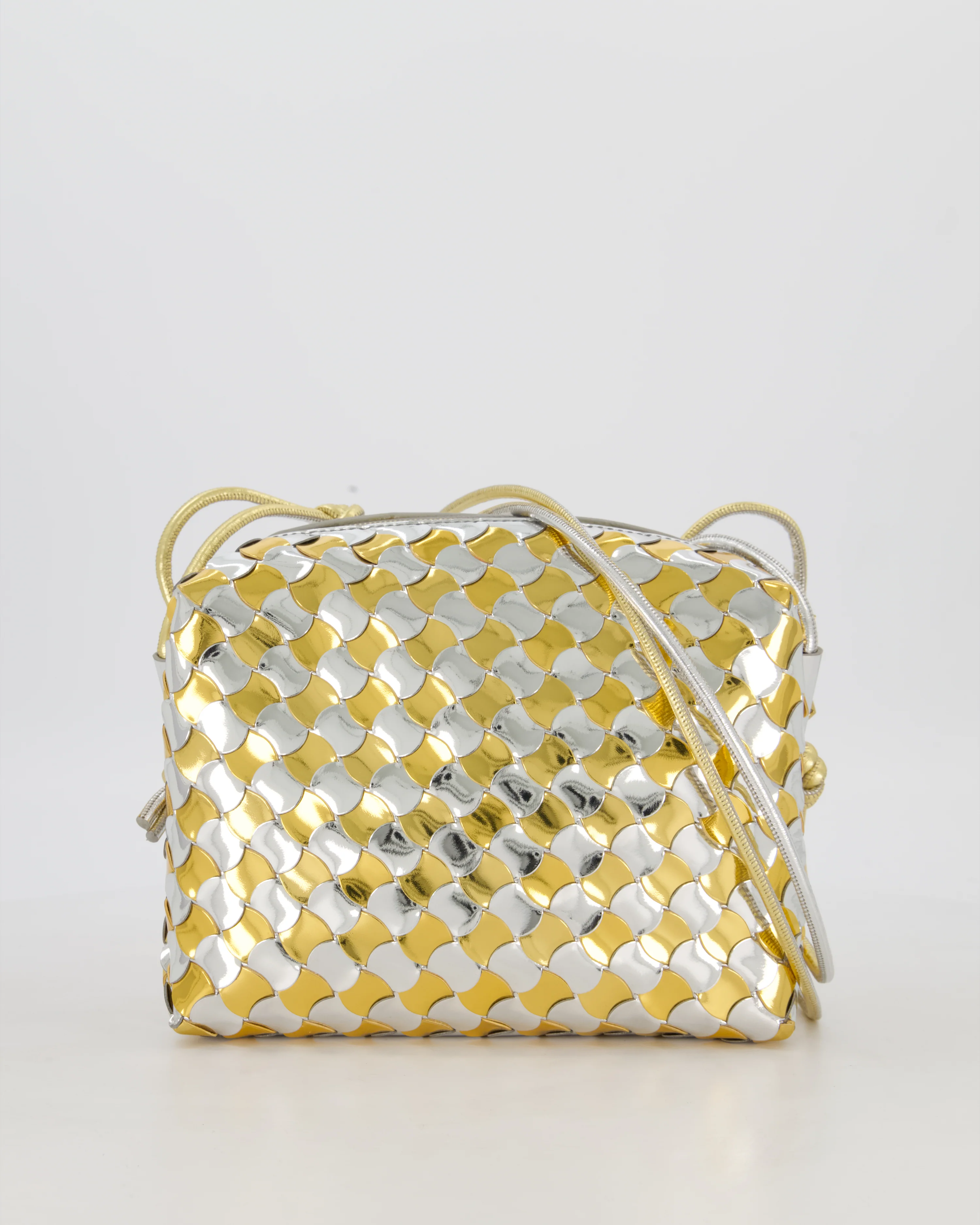 Bottega Veneta Silver & Gold Metallic Medium Loop Intrecciato Camera Bag in Patent Leather with Gold Hardware
