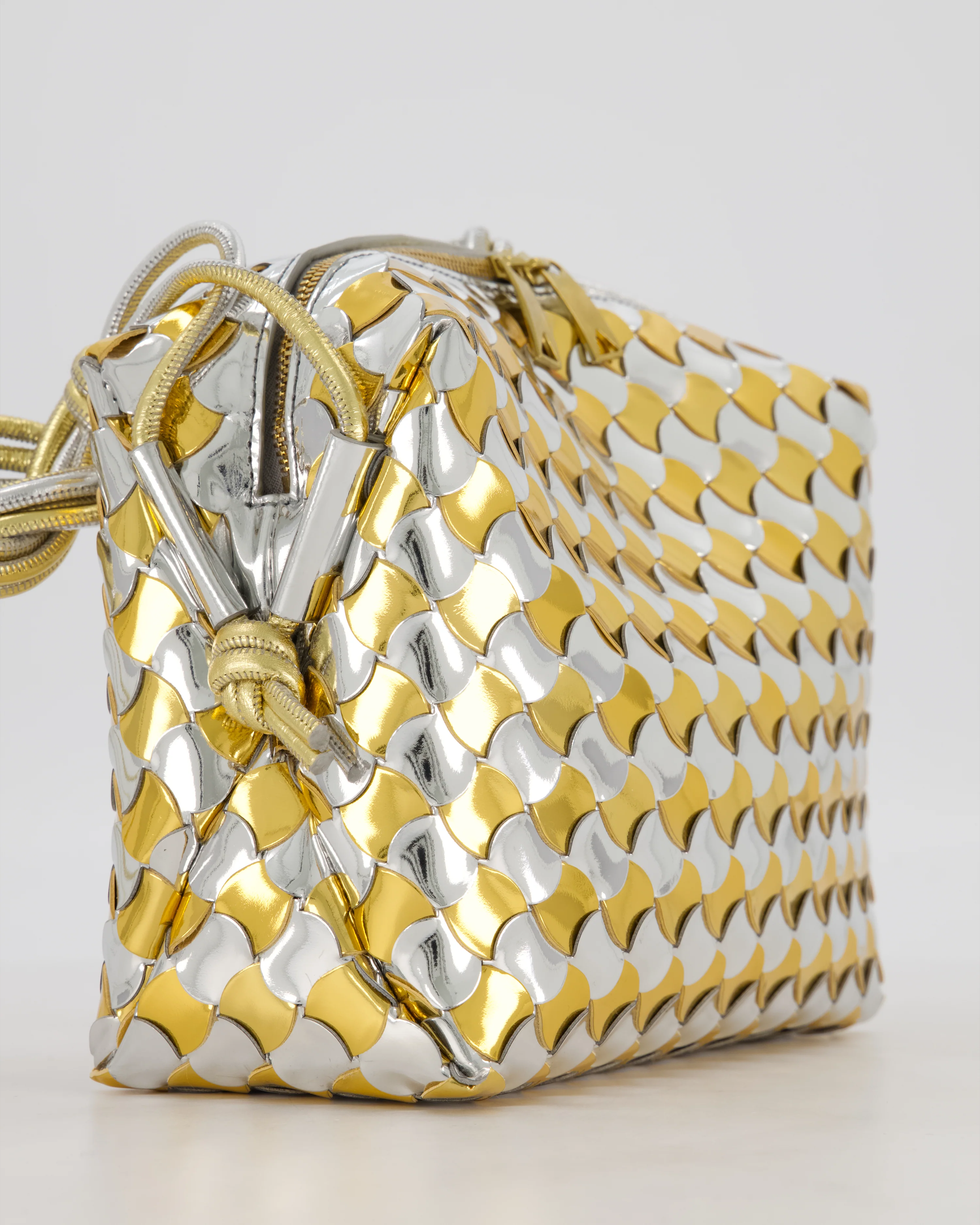 Bottega Veneta Silver & Gold Metallic Medium Loop Intrecciato Camera Bag in Patent Leather with Gold Hardware - Image 10