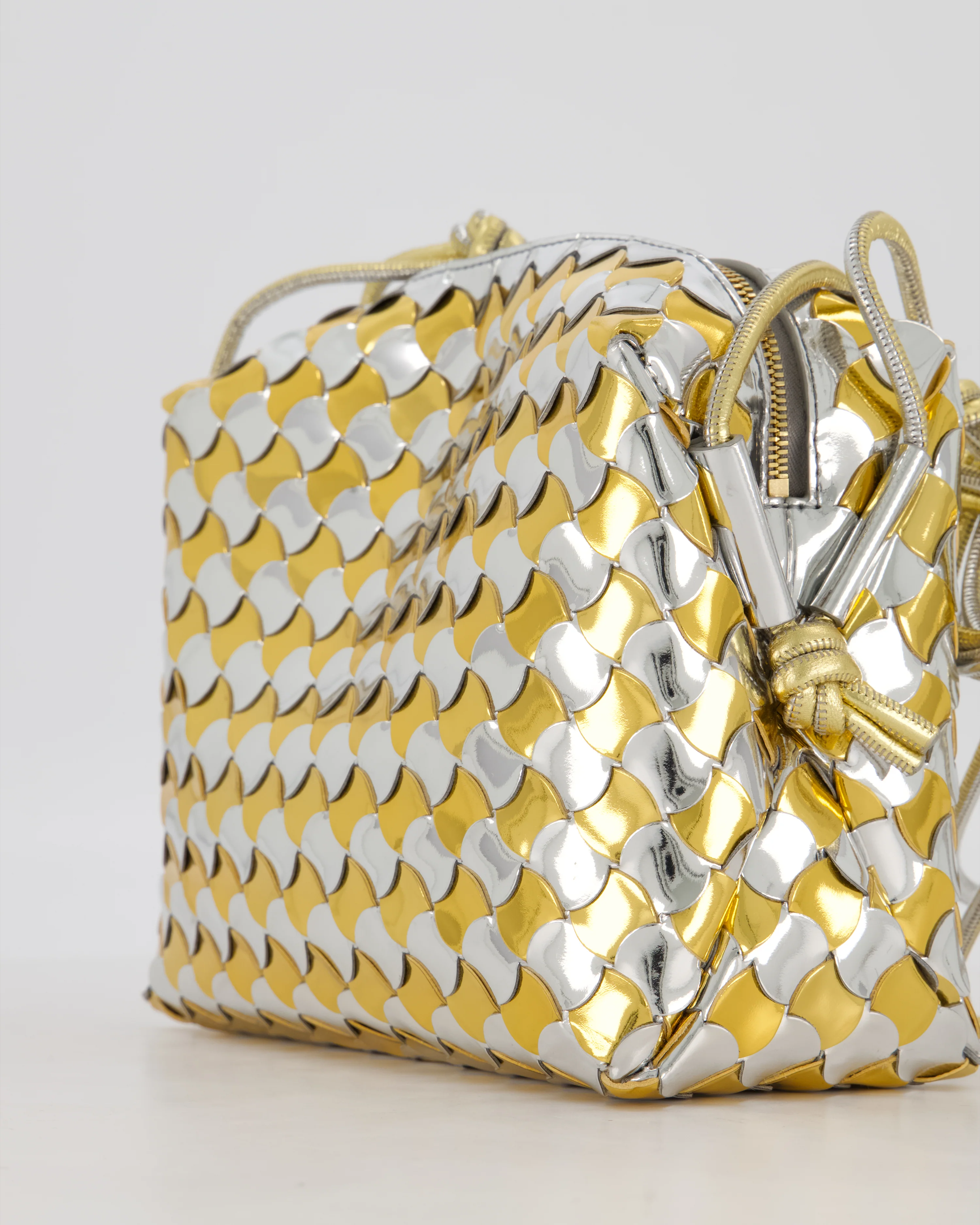 Bottega Veneta Silver & Gold Metallic Medium Loop Intrecciato Camera Bag in Patent Leather with Gold Hardware - Image 12