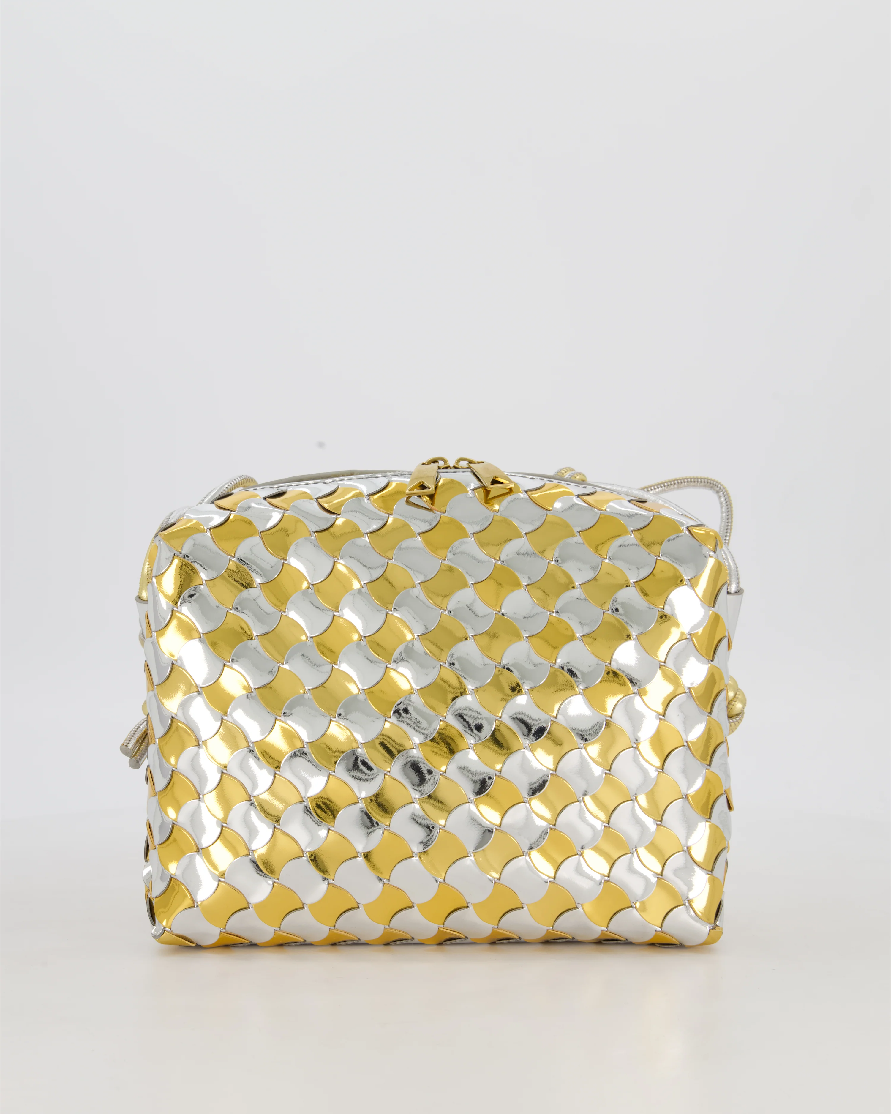 Bottega Veneta Silver & Gold Metallic Medium Loop Intrecciato Camera Bag in Patent Leather with Gold Hardware - Image 2