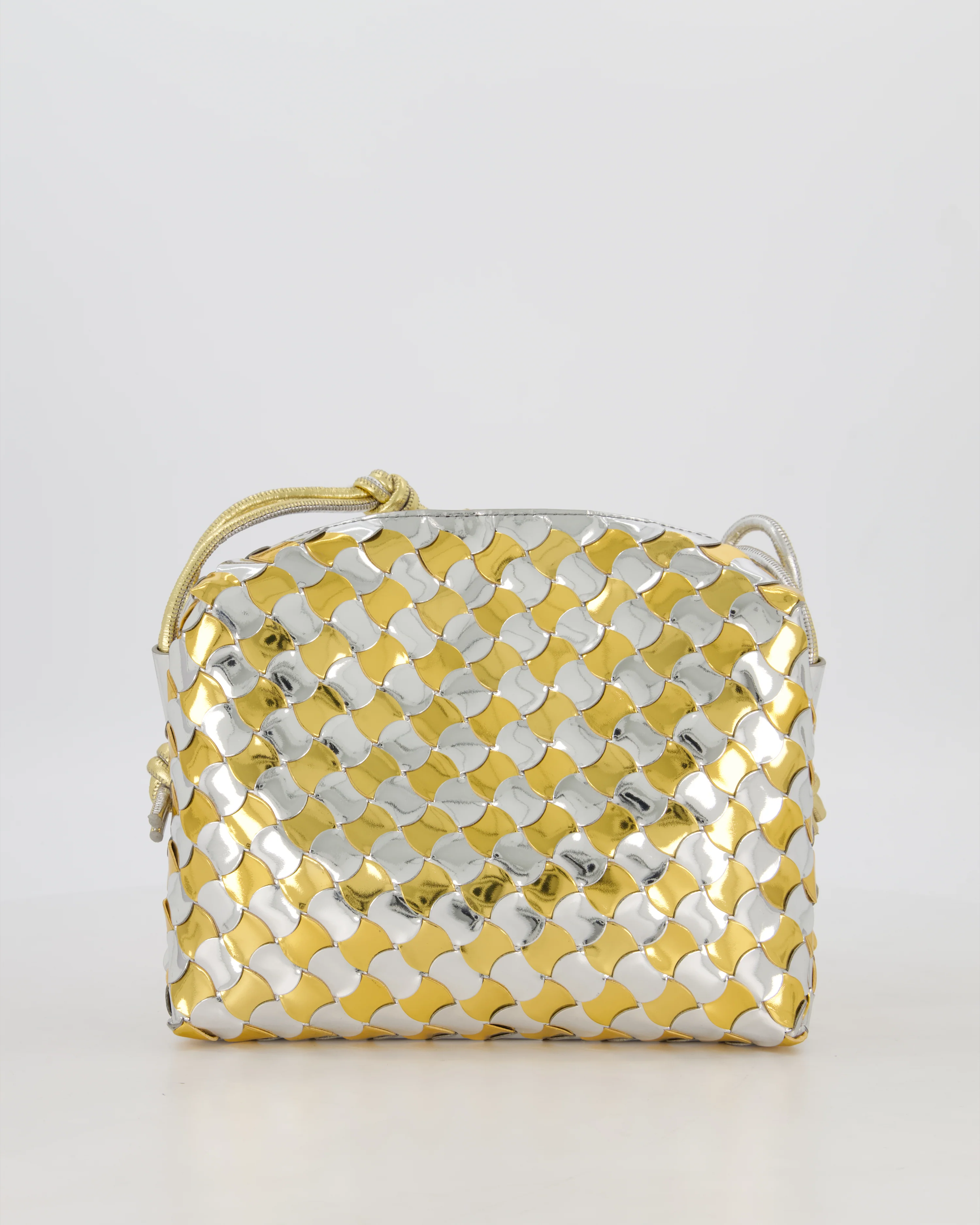 Bottega Veneta Silver & Gold Metallic Medium Loop Intrecciato Camera Bag in Patent Leather with Gold Hardware - Image 6