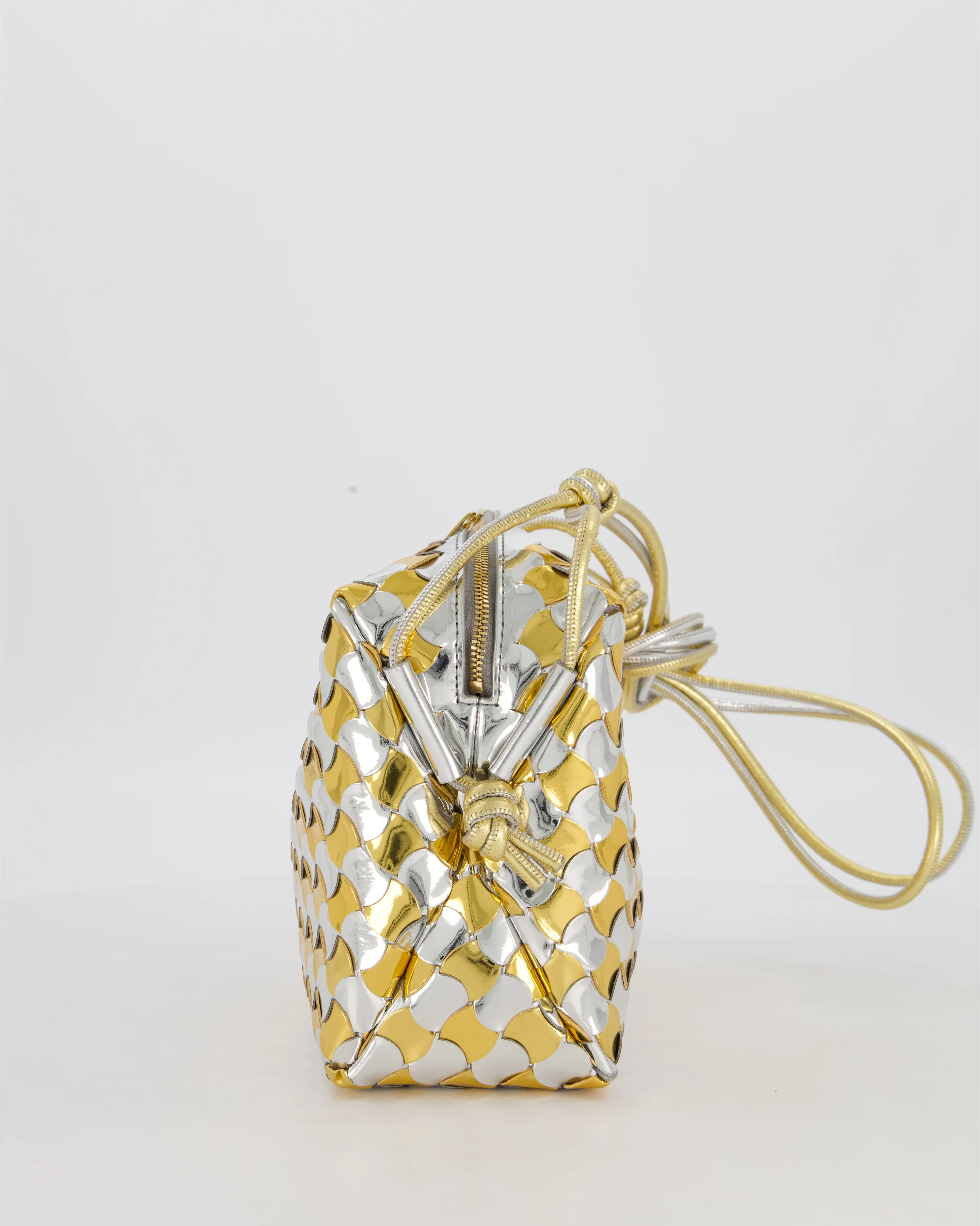 Bottega Veneta Silver & Gold Metallic Medium Loop Intrecciato Camera Bag in Patent Leather with Gold Hardware - Image 8